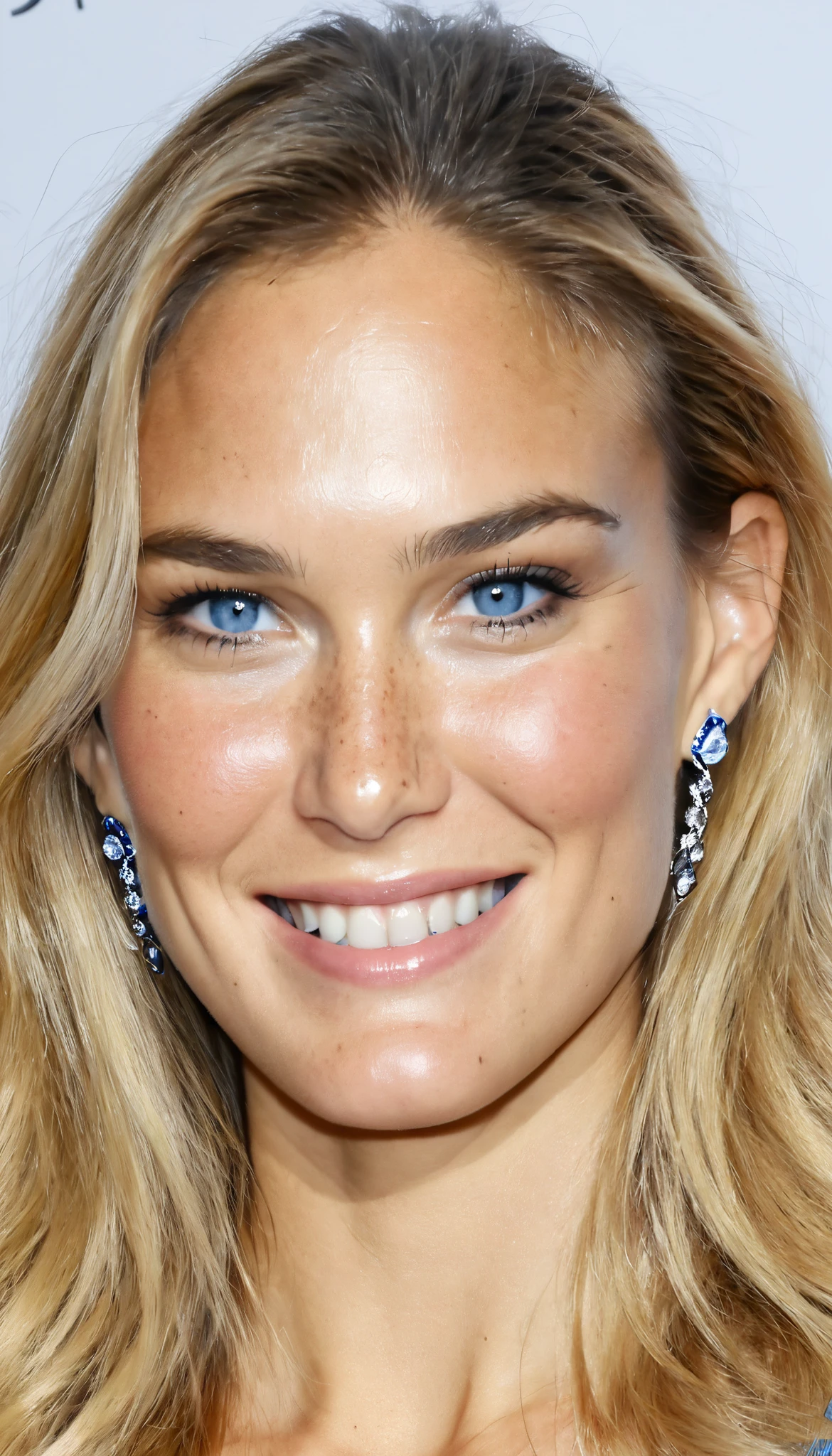 UHD; Photo; Masterpiece; Highly Detailed; Retina; Textured Skin: Best quality; freckles:1.3;sweat:0.3; dreamy blue eyes; long  blonde touped hair;perfect teeth;30 Jahre alte Bar Refaeli; supermodel posing;