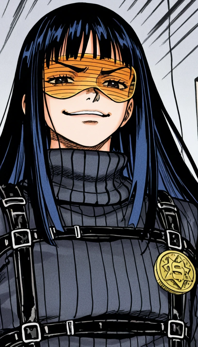 male only, male focus, manly, Striped turtleneck sweater (shades of gray, white, and black) with a black jumpsuit of thick fabric and adjustable straps. On her feet, black leather boots with robust soles, The expression conveys a mixture of pain, exhaustion, and sarcastic or malicious satisfaction. The face has visible bruises, suggesting that the character has gone through a confrontation or difficult situation. The crooked smile and the half-closed eyes, with arched eyebrows, reinforce a tone of mockery or irony, as if he were having fun even after suffering,Short, frayed, voluminous, dark blue hair, with ends slightly turned outwards , detailed manga style, comic style, 2d manga style, Mix of styles from Tsutomu Nihei, j0j0styl3, anime aesthetics, chiaroscuro, ARTSTYLE_OnePiece_MangaColored_ownwaifu, cinematic lighting , Fujicolor, UHD, Retina, masterpiece, Accurate, anatomically correct , textured skin, Super detail, high details, high quality, award winning , best quality, highres, 1080P, HD, 16K