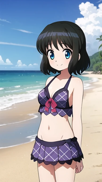 (Top Quality, 8K, High Resolution, Masterpiece: 1.2), Anime, Shinobu Kocho, 1 Girl,solo, Perfect Face, Perfect Eyes, Soft Expression, Medium Breasts, Purple Hair, Short Hair,large butterfly hair clip, Pretty Parted bangs, purple eyes, narrow eyes, ((swimsuit,bikini,frills beach, smile, cowboy shot)), viewer appreciation,