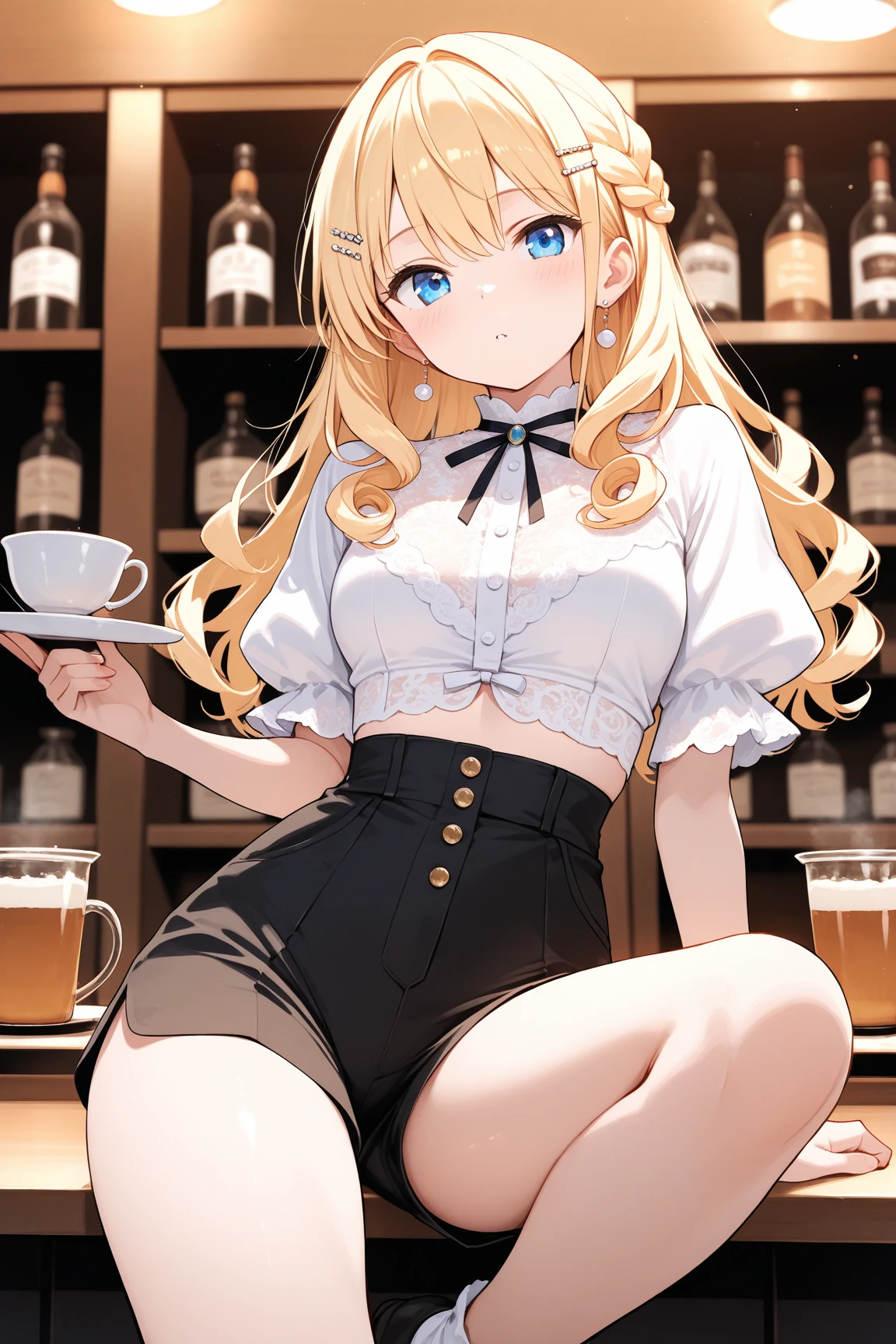 (masterpiece, Best Quality, ultra-detailed, high resolution, extremely detailed CG, official art, Professional Lighting, Perfect ???????, anime colors), (from below), looking at viewer, cowboy shot, perfect body, a 24yo beautiful girl, sidelocks, hairband, earrings,medium hips, glamorous body,a small face,beautiful-makeup,Makeup light,dark brown hair, Amazing Cleavage, thin waist, cute ass, Raised sexy, small breast: 1.2 posed cleavage:1.2, (off shoulders,Denimbra,legginullnude), micro denim shorts, bare legs, nail_polish, pale skin, Waiting friend, (morning:1.5), tokyo, (convenience store:1.3), outdoor, (depth of field:1.3), contrapposto, (Hold a coffee in your hand:1.3),delicate beautiful face, Bright blue eyes, cute eyes, sparkling eyes, Big eyes, (perky chest:1.1), (pointed chest:1.3), looking at viewer,