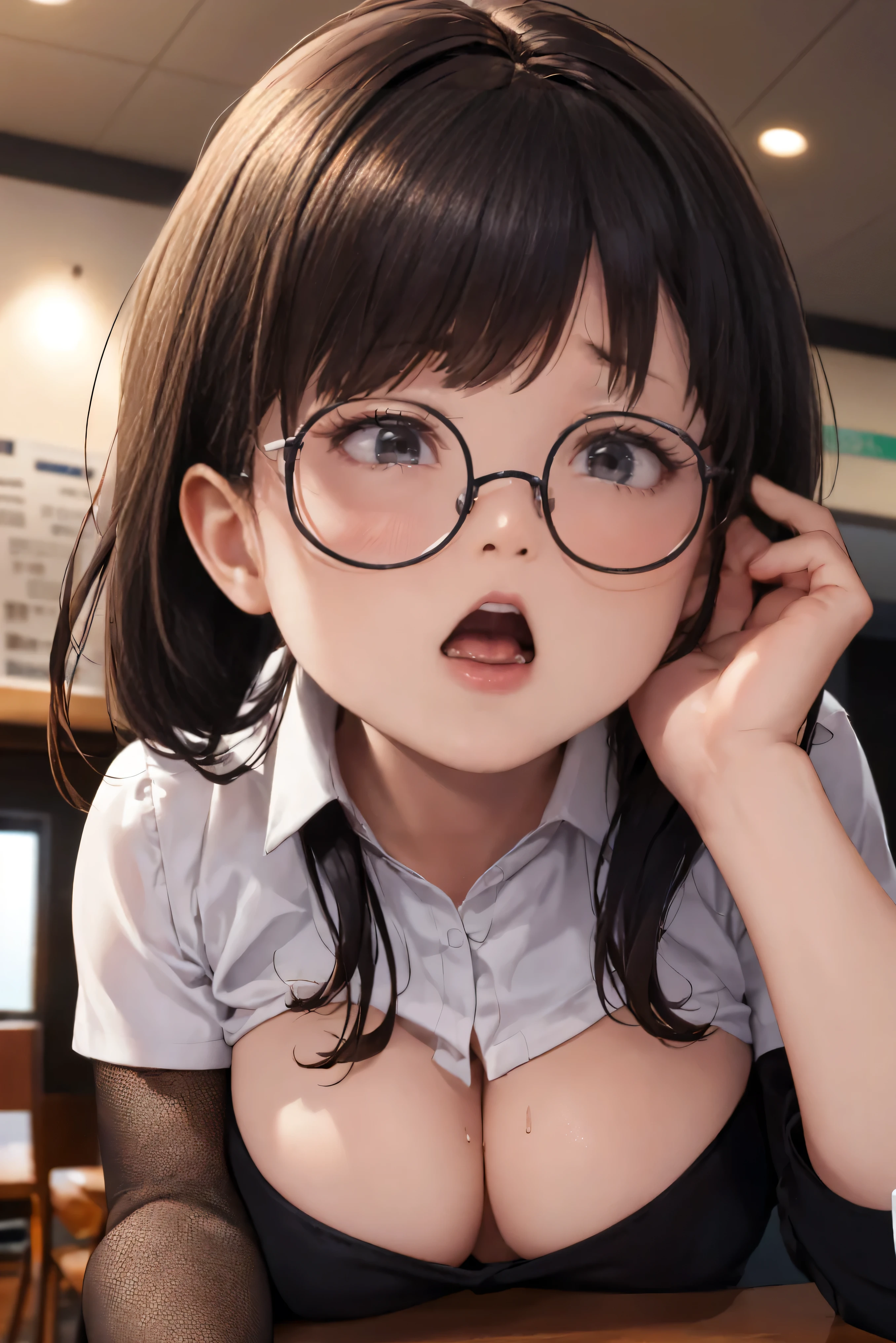 (masterpiece), (wonderful), (非常にwonderful), Highest quality, Expressive eyes, Perfect Face, High resolution, 4K resolution. One girl, Close-up portrait of an angry woman, Realistic Face, Swept-apart bangs, Long Hair, ponytail, Huge breasts, Long neck, Bedroom,, Sunlight from the window., ((Huge boobs:1.7)) 、 Female orgasm、(((Full nudity:1.5)))、Erotic、Climax、((Staring intently at the audience:1.5))、((Small penis:1.7))、((She thoroughly licks the head of his thin penis with her long, dripping tongue:1.5))、((ejaculation:1.5))、((Glasses:1.4))、((Completely naked:1.7))　,((Angry expression:1.7)),　((Small and thin penis licked and dripping with saliva:1.5,　Burying deep between her tits and giving her a titjob:1.5)),　((The skin is shiny with oil:1.7))、((The nipples are large and hard:1.5)),　((Licking the glans with a long tongue:1.5))