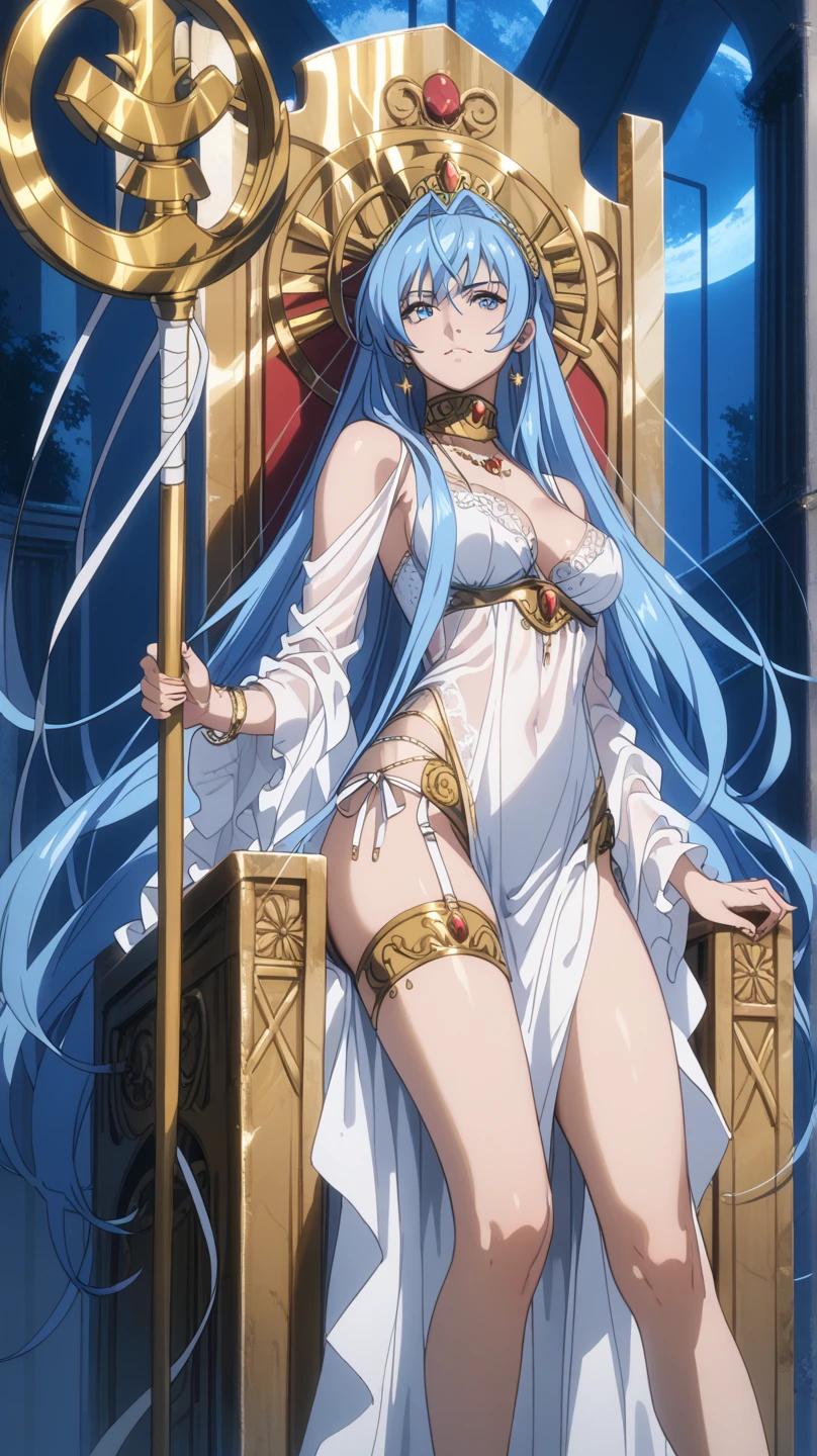 masterpiece, Highest quality, Very detailed, score_9, score_8_upper, score_7_upper, score_6_upper, アニメ, Aqua(Fire emblem), azura_(FEif), Low-tied_long_hair, light_blue_hair, Yellow Eyes, Asymmetrical legwear, barefoot, Opera Gloves, pendant, Single bare leg, White Dress, hair band, Long hair between the eyes, Gold Anklet, Veil, Beautiful Eyes, Perfect Face, Perfect hands, Perfect Fingers, large breasts, Very beautiful long legs, Thighs, spear, Have a weapon, slashing