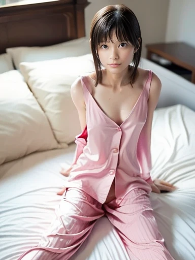(The to the FW), 1womanl, Solo, 24 year old, 7headed body, (cute face), (Ideal ratio body proportions), traditional Japanese room, Lie down on the futon, (((Bathrobe on top of naked))), Wet, Clothes are see-through, Smiling smile, long , de pele branca, small tits, A slender, Dark hair, short-hair, beauty legs, Small buttocks, Skinny Legs, surrealism, Cinematic lighting, depth of fields, One-person viewpoint, F/1.8, 135 mm, nffsw, masutepiece, ccurate, Anatomically correct, Textured skin, Super Detail, high details, High quality, awardwinning, Best Quality, hight resolution, 8K、You can see the pink panties