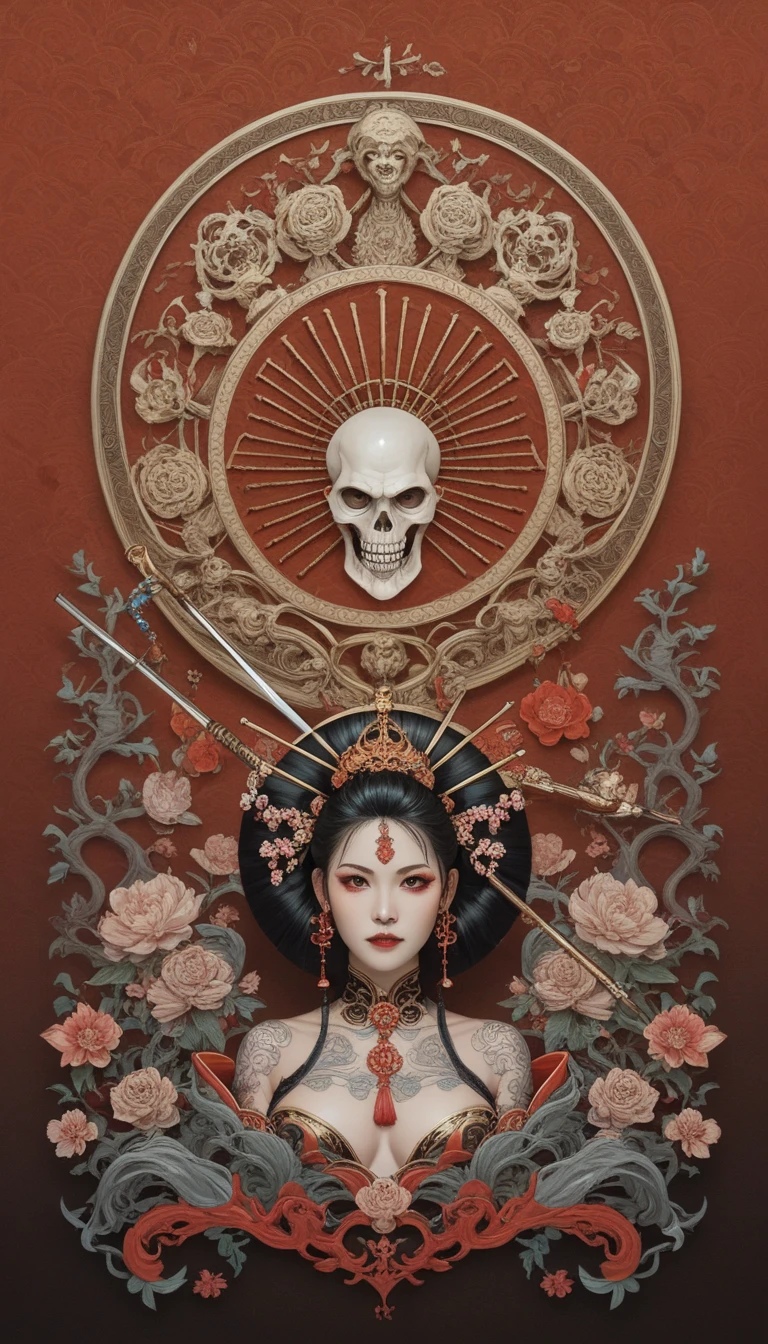 (masterpiece:1.2), best quality,pixiv,
1girl, flower, black hair, red eyes, hair ornament, hair flower, mask, looking at viewer, red flower, long sleeves, standing, red dress, holding, tattoo, wide sleeves, dress, own hands together, horns, skull, artist name, short hair, chinese clothes, robe