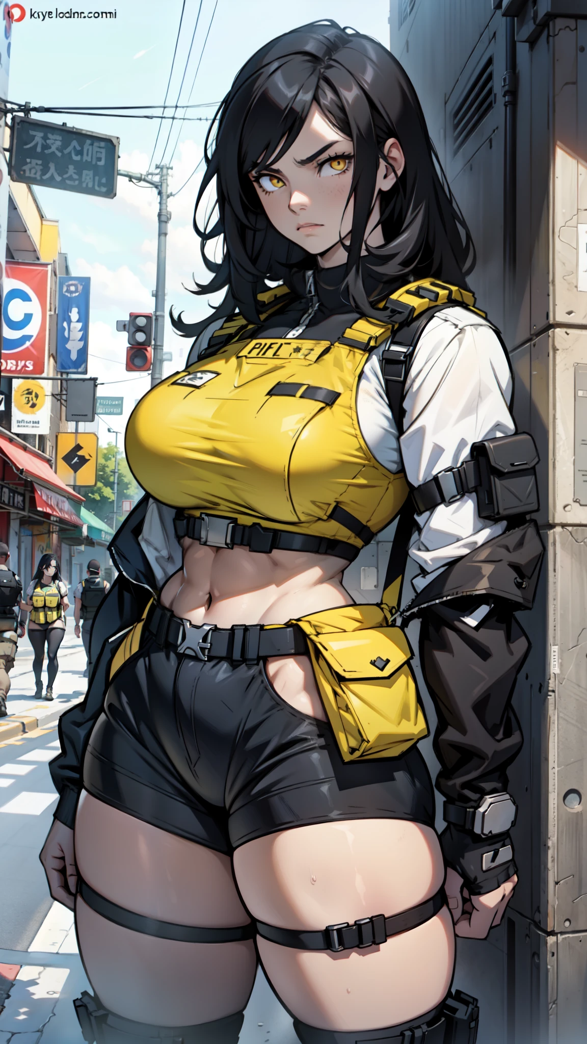 TV screen head robot girl Super Extra large breasts breast enlargement Special attack bulletproof tactical jacket sci-fi city full-body shot