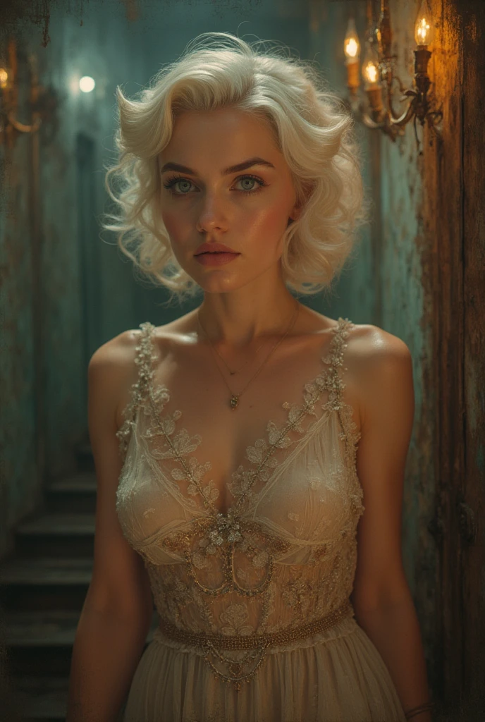 photoshoot of michelleMy1, (blonde hair), (pixie cut), , detailed skin texture, (blush:0.2), (goosebumps:0.3), (light blue dress), subsurface scattering, Photorealistic, Hyperrealistic, Hyperdetailed, analog style, hip cocked, demure, detailed skin, matte skin, soft lighting, subsurface scattering, realistic, heavy shadow, masterpiece, best quality, ultra realistic, 8k, golden ratio, Intricate, High Detail, film photography, soft focus