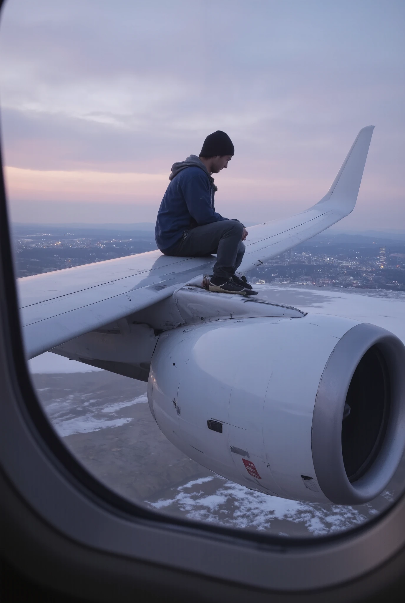 A skater with no skateboard sitting on the edge of the wing on a Boeing 737-200 aircraft next to the aircraft’s engine while the aircraft is in midair at dusk, surrounded by subtle grain and noise, overexposed highlights, half vibrant colors, blurred background with a cityscape in the background seen from a distance in the air at dusk, video taken from inside the aircraft with the window of the aircraft itself is seen in the foreground, soft focus, High quality, Professional photography