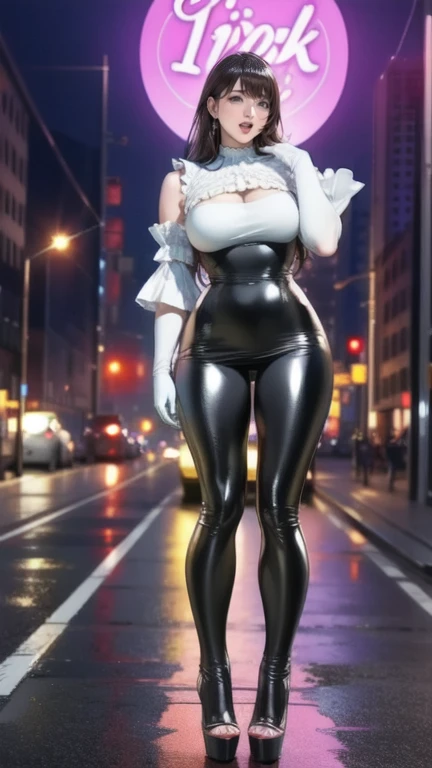 ((masterpiece)), ((Best quality)), (ultra detailed), ((kawaii)), Cute, (Beautiful), ((sexual)), ((extremely detailed)), 4K, (8K), Best quality, (Beautiful), Young woman, stockings, heels, , excellent hand anatomy, best anatomy, short fitted latex dress, ponytail, White hair, tattoo on tele, standing pose, shine, neon, to the streets, night, uncensored, whole body, under the breasts, Naked