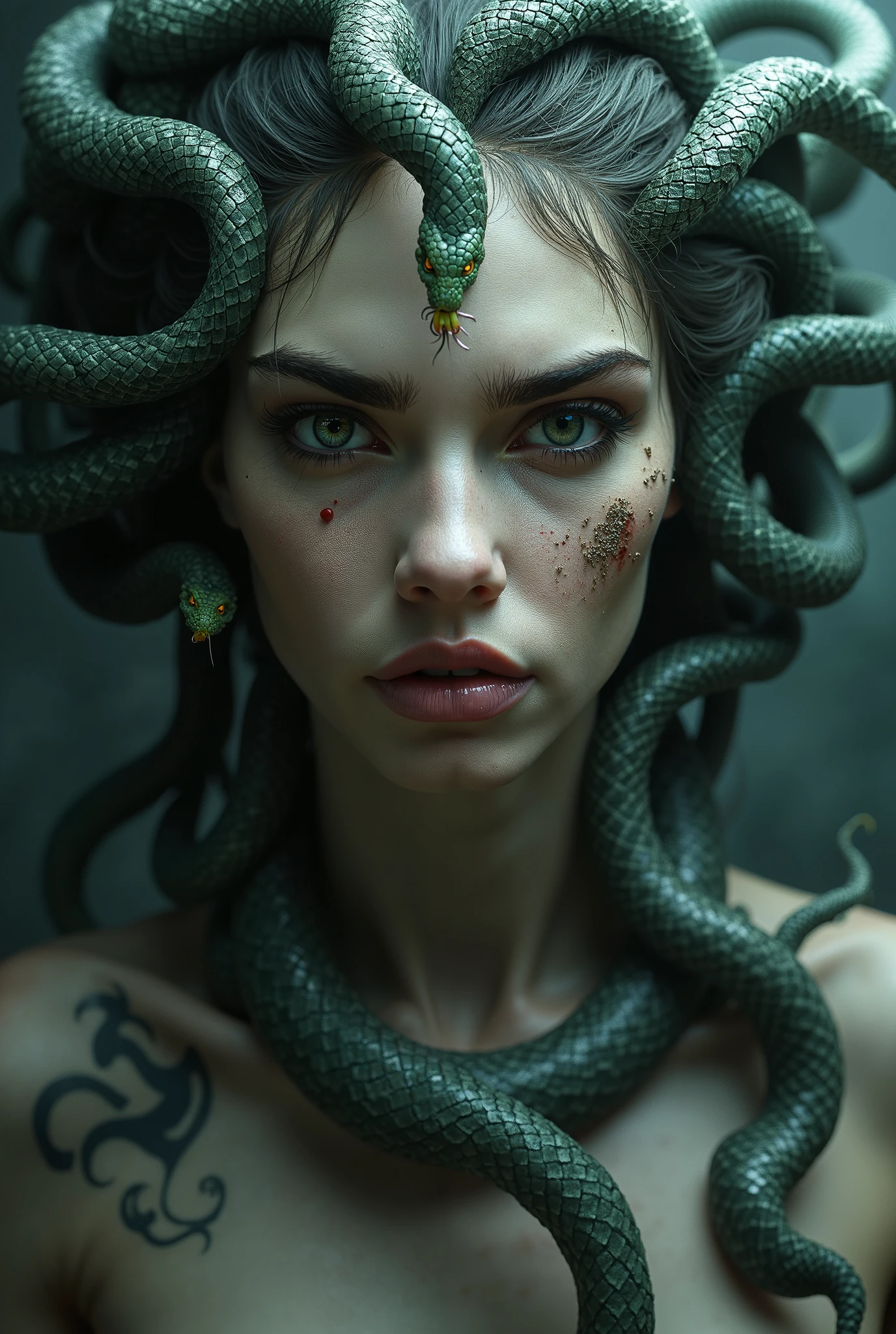 ((best quality)), ((masterpiece)), ((realistic)), Medusa, full body, the hair is composed of countless small snakes, green eyes, female face, metal carved top, royal aura, trend on artstation , sharp focus, studio photo, intricate detail, very detailed, detailed eye, illustration, very detailed, sharp focus, digital render, professional, 4k