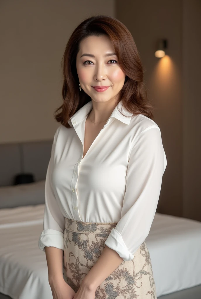 High resolution, high resolution, High resolution, masterpiece, 8k, Anatomically correct, Professional Lighting, sharp, White photo, ((Japanese Mature, 90 years old, Beautiful female teacher)), One person, ((Facial wrinkles)), Shapely large breasts, straight, light brown, Long hair that reaches to the shoulders, Chubby body type, Are pregnant,((School classroom, Stand upright, Keep an attendance record、Staring at the audience)), (((Summer short sleeve tuck draped blouse, A light orange bonded tight skirt perfect for summer))), Composition from knee to head
