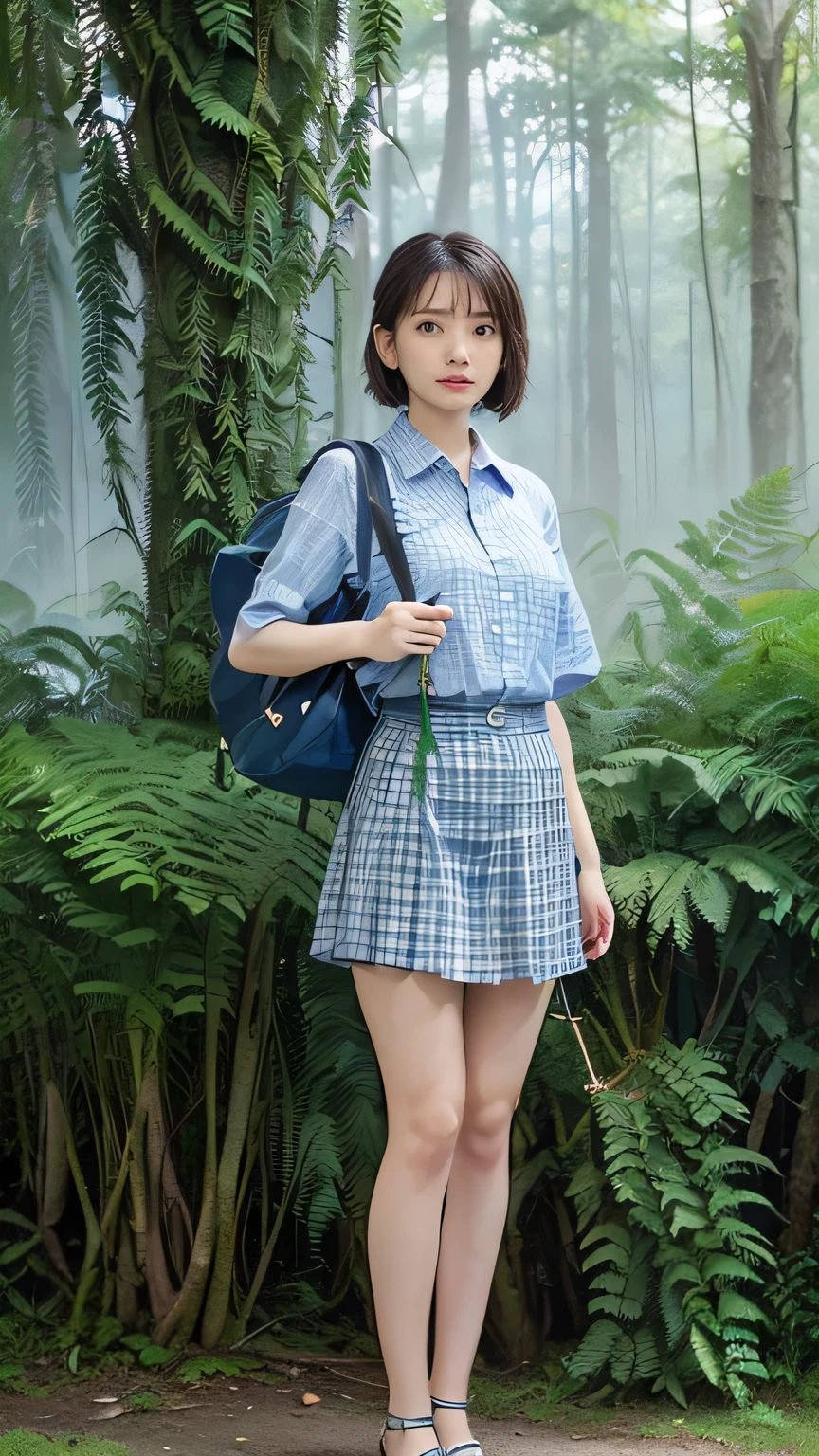 (8k, RAW photo、 RAW photo、 best quality 、Masterpiece:1.2)、1 girl 、1 installer with electric drill 、 tall Highly detailed 、laser track、(( misty jungle :1.4))、((in thick fog :1.4))、(( Ferns Are Overgrown :1.5))、( Photorealistic:1.3)、((Full body shot:1.4))、(( shot from the front :1.4))、Clear depiction of light and shadow 、 High Resolution RAW Color Photos 、 professional photography、(((Natural Parks:1.4)))、 Drawing faithful to anatomy 、 tall Highly detailed and beautiful、 in ultra high quality、((ポニーテイルヘアの girl :1.4))、(( carry a backpack:1.4))、(( Short Sleeve Open Collar Blue Gingham Check Shirt:1.4))、((In the rainforest:1.4))、(( denim skirt to accentuate thighs :1.4))、 upper body、((Confused expression:1.4))、 knee:1.7、