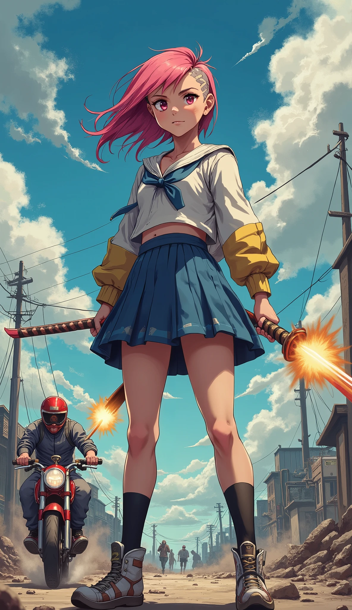 A standing girl holding a katana , pink hair, white blouse and short Japanese high school sweater , short blue high school skirt , knee-length sister , pose sexy, camera angle tilted from bottom to top , post-apocalyptic scenario , clouds in the sky , a biker with a red helmet and a red motorbike passing sideways with a submachine gun in his hand shooting backwards at some zombies in the background.