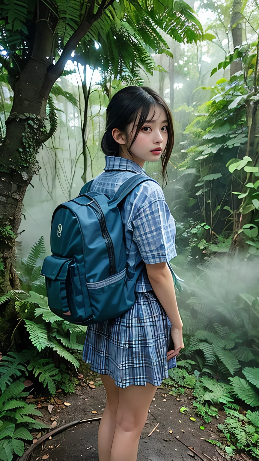 a very light green girl with a rock backpack with big glasses, a yellow shirt and yellow pants, she has blue energy in her hands and from her backpack comes out several number codes with 0 and 1, the girl is very short, as it were. a  