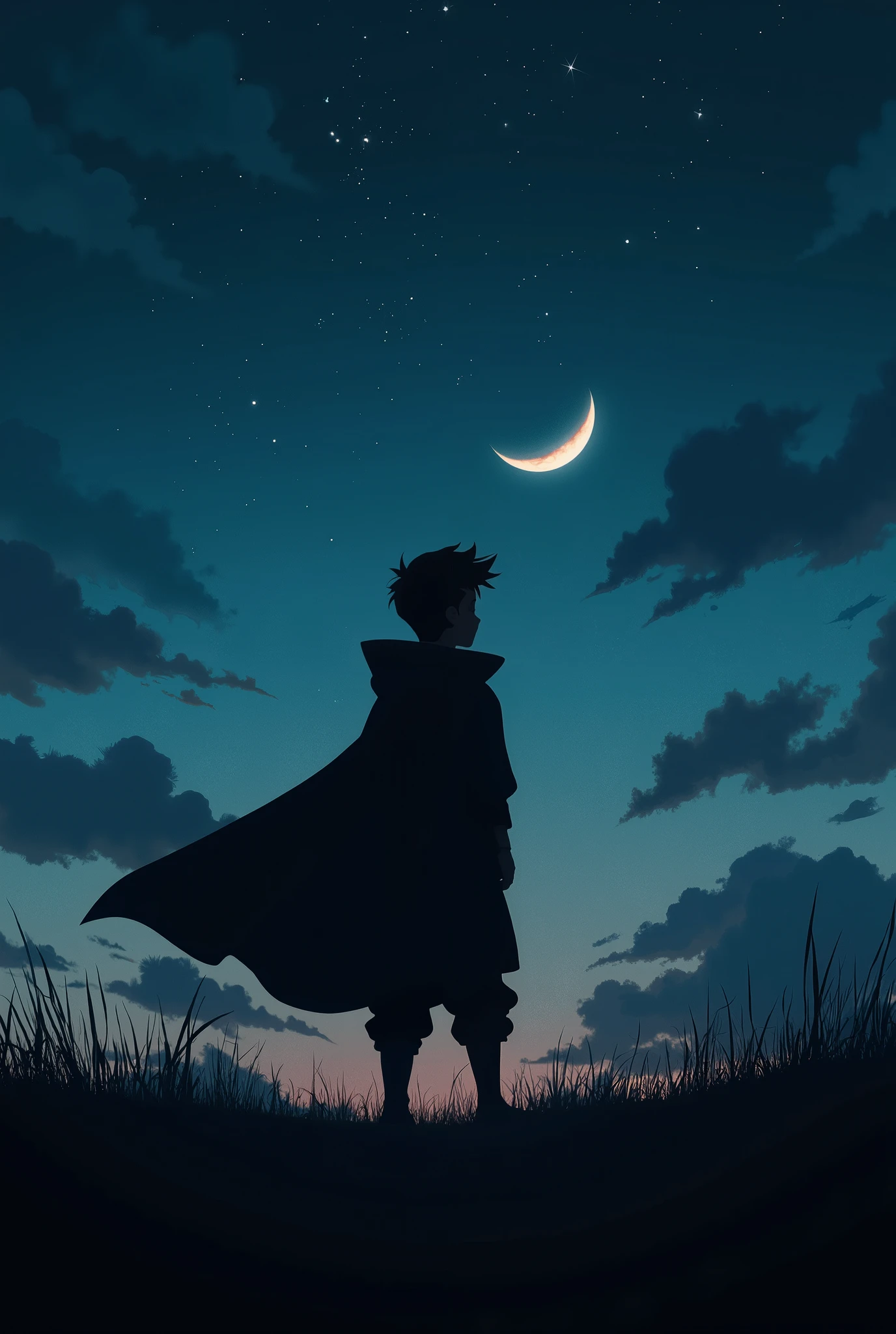  The silhouette of a boy with his back , wearing a cloak over the wind ,  is all dark except the starry sky, waning moon, bottom-up photo,  few clouds , cinematic photo 