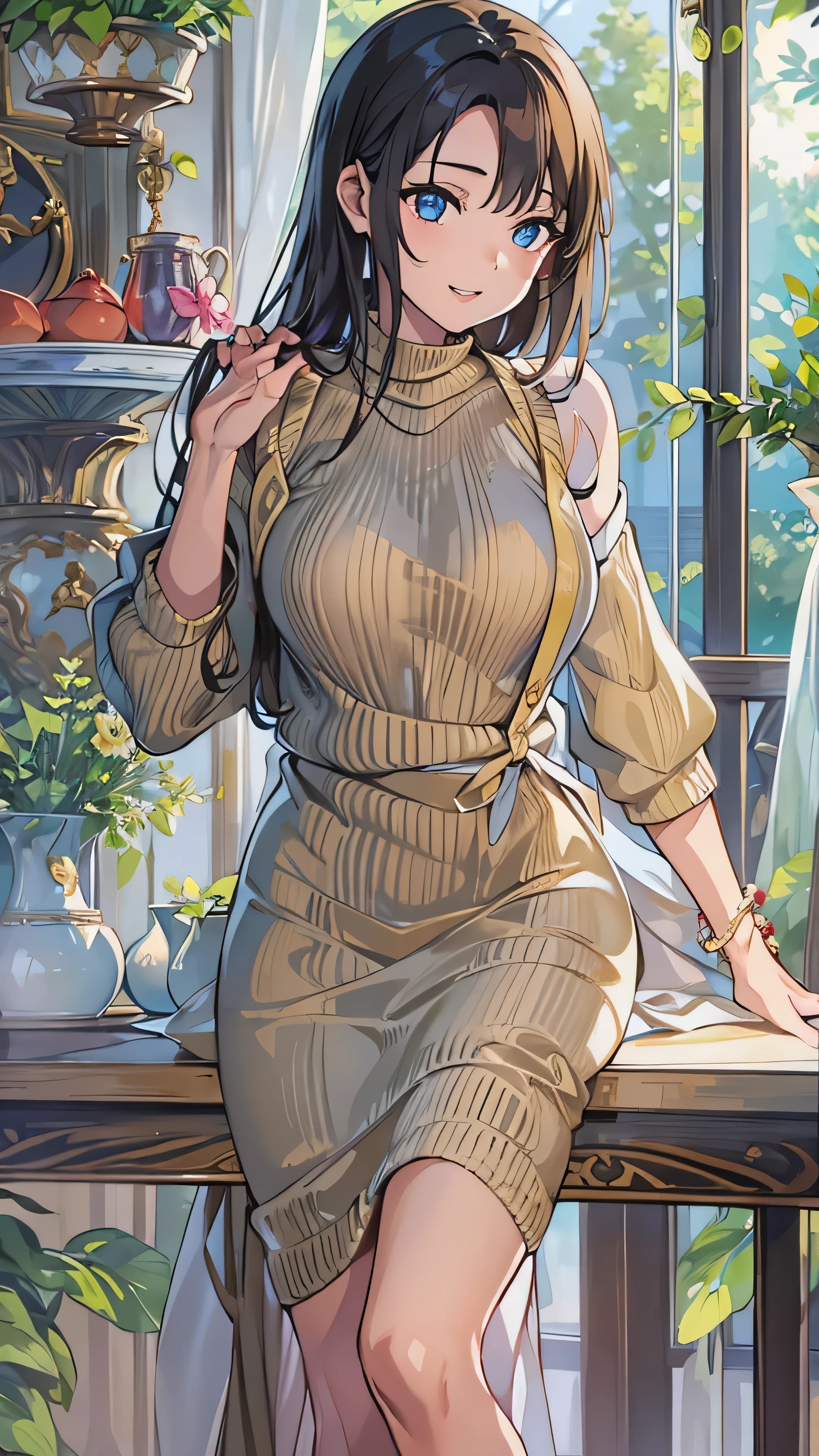 table top, best quality , shape, tall Highly detailed , finely, high resolution, 8k wallpaper, Perfect dynamic body shape, beautifully detailed eyes, natural lips, long lashes, Heavy makeup, smiles、 sexy knit dress , big breasted , Cleevidge , random sexy pose, whole body、 Look Away、 look down