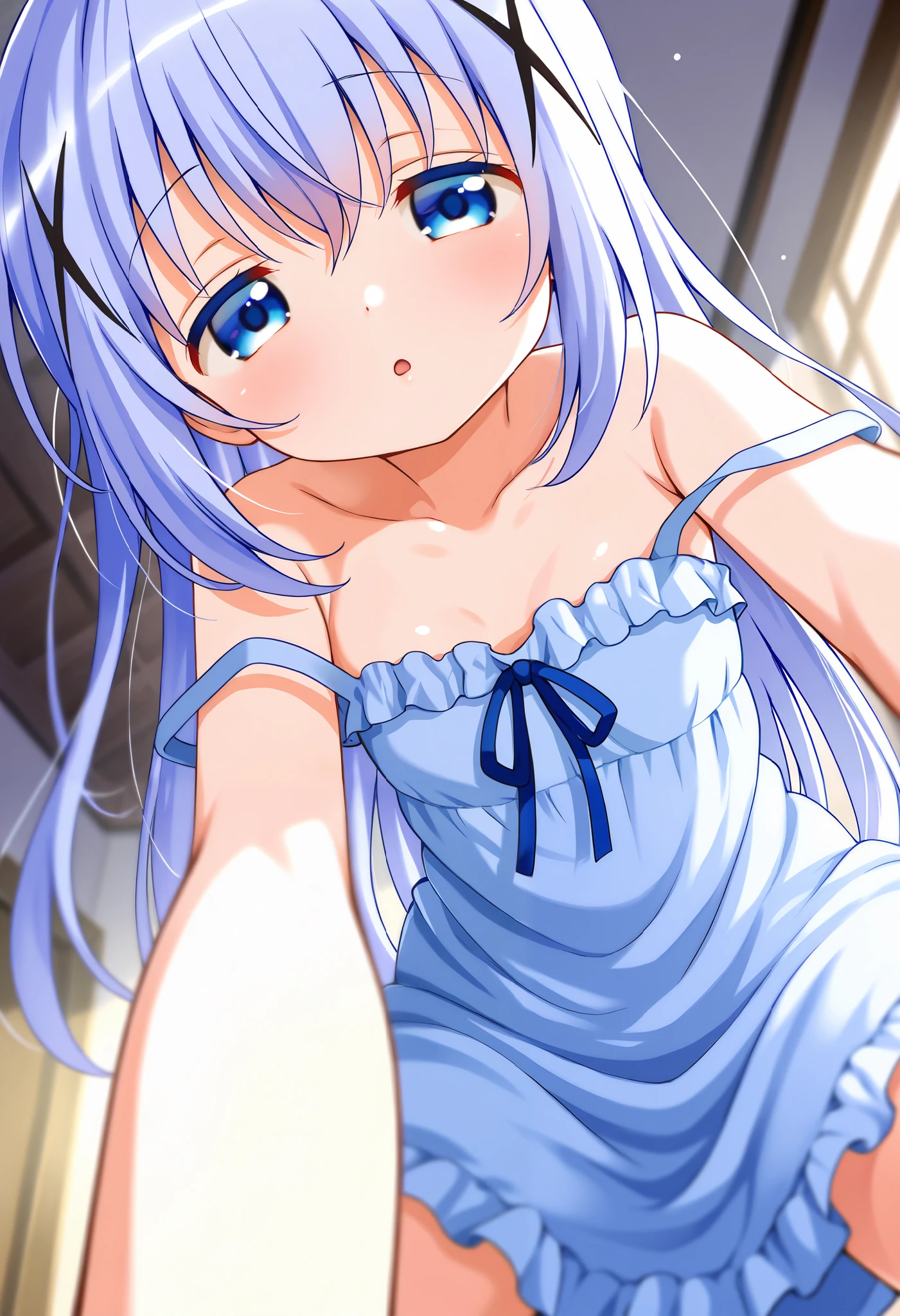 1girl, solo,Voyeur, from the viewer's perspective, looking at you,Very cute, light blue hair,small breasts,, one woman ,kafuu chino, Original style, Very high quality, soft to the touch, beautiful,super detailed skin, high resolution, novel illustration, shiny skin,in gochuumon wa usagi desu ka? Style,dynamic pose, Woke up, sleepy, Blue pajamas ,Bett