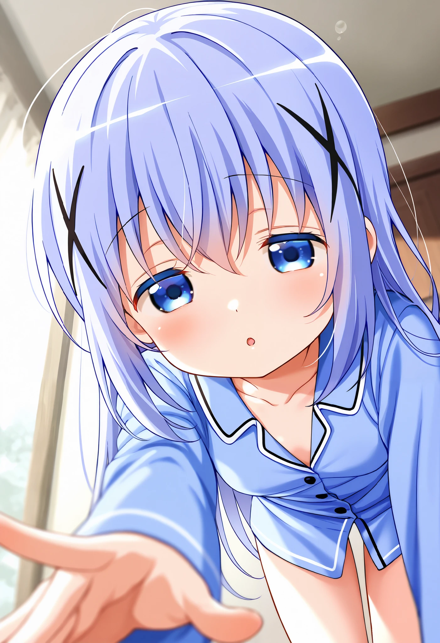 1girl, solo,Voyeur, from the viewer's perspective, looking at you,Very cute, light blue hair,small breasts,, one woman ,kafuu chino, Original style, Very high quality, soft to the touch, beautiful,super detailed skin, high resolution, novel illustration, shiny skin,in gochuumon wa usagi desu ka? Style,dynamic pose, Woke up, sleepy, Blue pajamas ,Bett