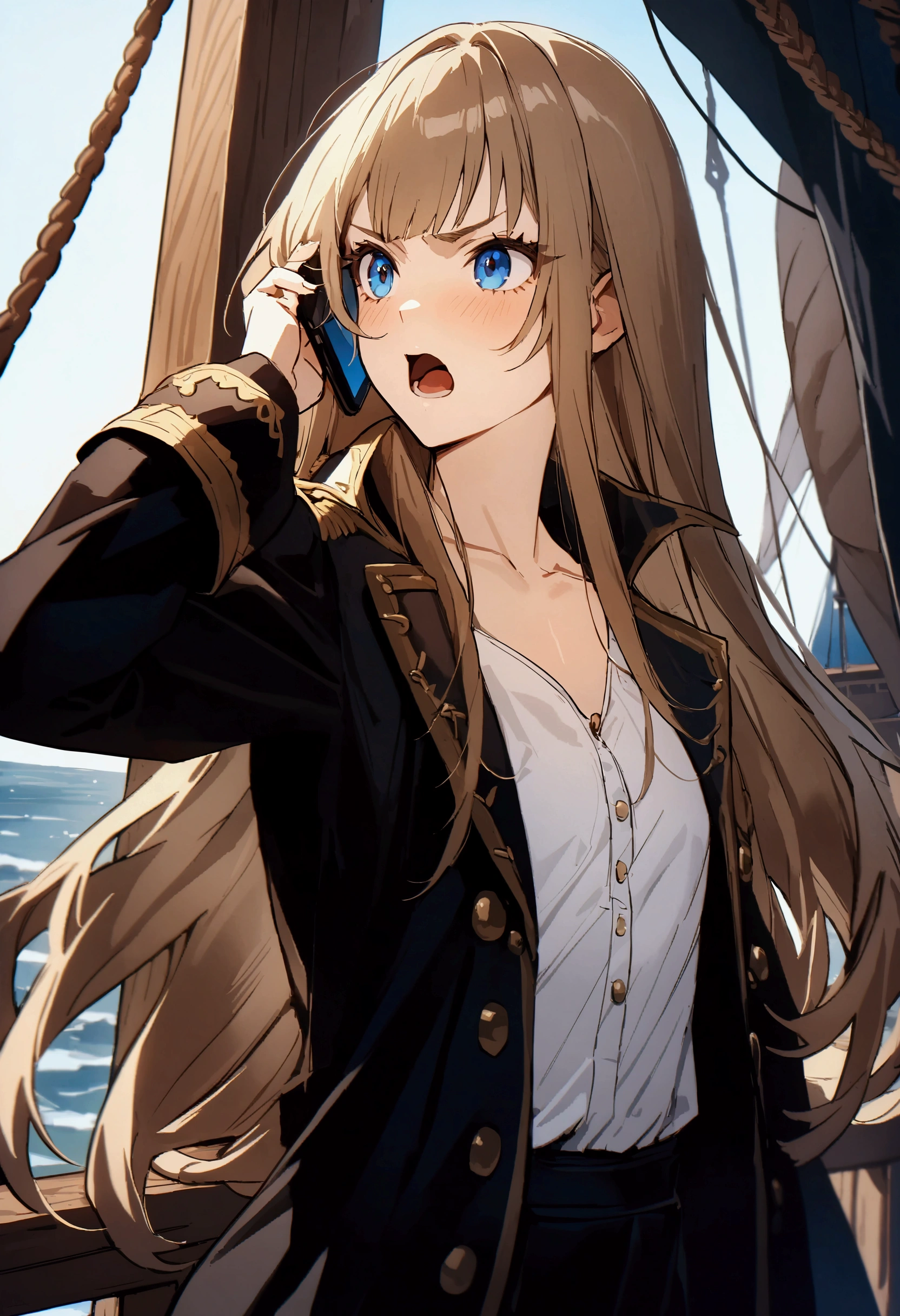 (masterpiece),(absurdres),(ultra detailed),(anime)、((solo lady),(23-year-old),(dark blonde hair:1.2),(straight long hair:1.1),bangs:1.1,(()),shiny blue eyes,(()),(flat chest),(athletic:0.8),(pirates coat:1.2),(pirates costume:1.1)、(calling a phone),shouting,serious,sea:1.2,White sailing ship deck:1.3,upperbody shot,Miho