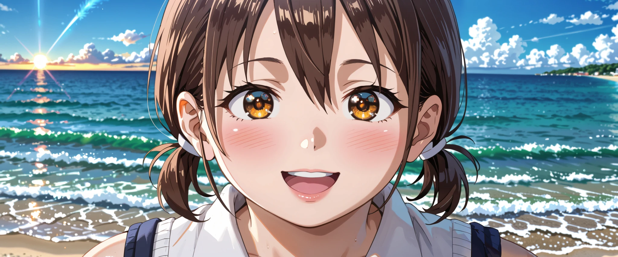 score_9, score_8_up, score_7_up, score_6_up, anime, anime style, source anime, 1girl, solo, blush, honoka hara, short hair, brown hair, hair between eyes, brown eyes, low twintails, short twintails, plump, {multicolored eyes, orange eyes}, serafuku, {thick arms, thick thighs, fat rolls, fat, huge tits, chubby body, plump}, contrapposto, from above, from behind, view back, looking at viewer, smiling, open mouth, embarrassed, school gate, outdoor, creverage, scenery, very aesthetic, starry sky, star \(sky\), sky, shore, ocean, night sky, night, beach, horizon, city lights, cloud, water, moon, crescent moon, waves, sunrise, twilight, light particles, walking on liquid, cloudy sky, sunset, (8K),(absurdres),(crisp quality),(rich contrast),(sharp focus),(best quality),(high resolution),(Looking delighted),(masterpiece),(detailed face),(illustration),(ultra detailed),(rich contrast),(a best quality illustration),(a masterpiece of a woman with ultra detailed features, in 8K resolution, with crisp quality and vibrant colors),(detailed eyes),(perfect eyes),(ultra detailed eyes),((nice hands)),((perfect hands)),((gleaming skin)),((shiny skin)),((best quality)),((high resolution)),((ultra-high resolution)),((masterpiece)),((ultra detailed)),((illustration)),((an extremely delicate and beautiful))((detailed face)),((perfect eyes)),((4k,8k,Ultra HD)),((Masterpiece :1.2)),((Best quality :1.2)),((Detailed :1.5)),((Detailed background :1.5)), 