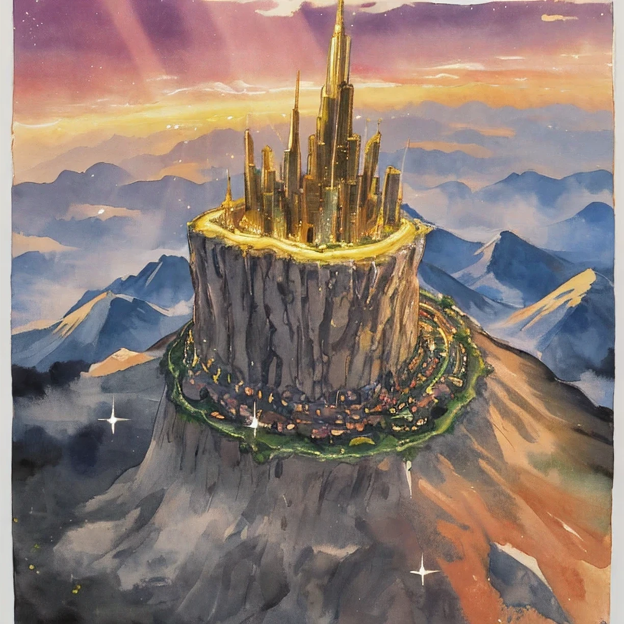 A surrealist watercolor painting of an extremely tall mountain during a sunset with golden rays with sparkles similar to colored glitter
