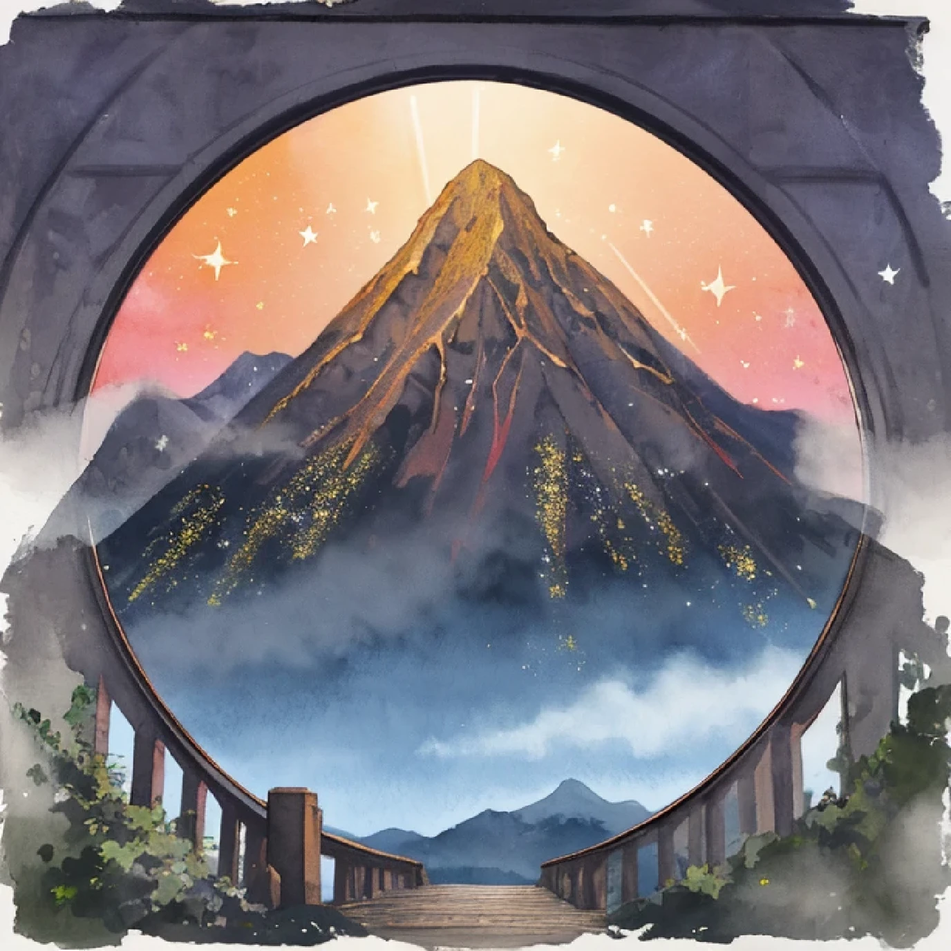 A surrealist watercolor painting of an extremely tall mountain during a sunset with golden rays with sparkles similar to colored glitter