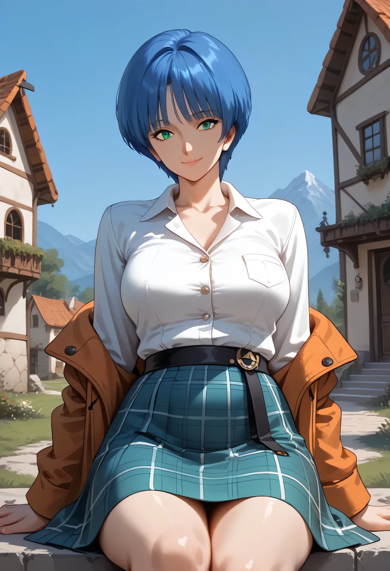 Smile ,with a girl face,((cowboy shot1.5)), ((cowboy shot:1.47)),closed mouth, Her hairstyle is medium bob,((Trim her bangs )),blue hair color, ((wolf cut:1,47)),(( midium length hair extended to shoulders:1.2)),((medium breasts)),curvy,inverted triangle face,Well-balanced limbs, slender body, long limbs,1mature,AOI YUME Masakazu Katsura drowning,((1mature:1.2 )), anime,Masakazu Katsura, AOI YUME、(looking at from the front), Look at the camera,(1mature) ,upskirt,between_legs, plaid coat, Blue, white, and orange stripes on the cuffs of the coat; ((((A green long plaid skirt with fringes)))), Black waistband visible above the skirt. White knee-length socks with blue stripes on top; pointy shoes with black heels, Double-breasted coat with visible buttons Short-sleeved innerwear with round neckline, slightly visible on the chest, Her chest is exposed and her breasts are visible. Setting ,((skirt with slit front:1.1)), ((open her chest :1.15)),(((outdoor))),((( front of house:1.2))),sitting stone