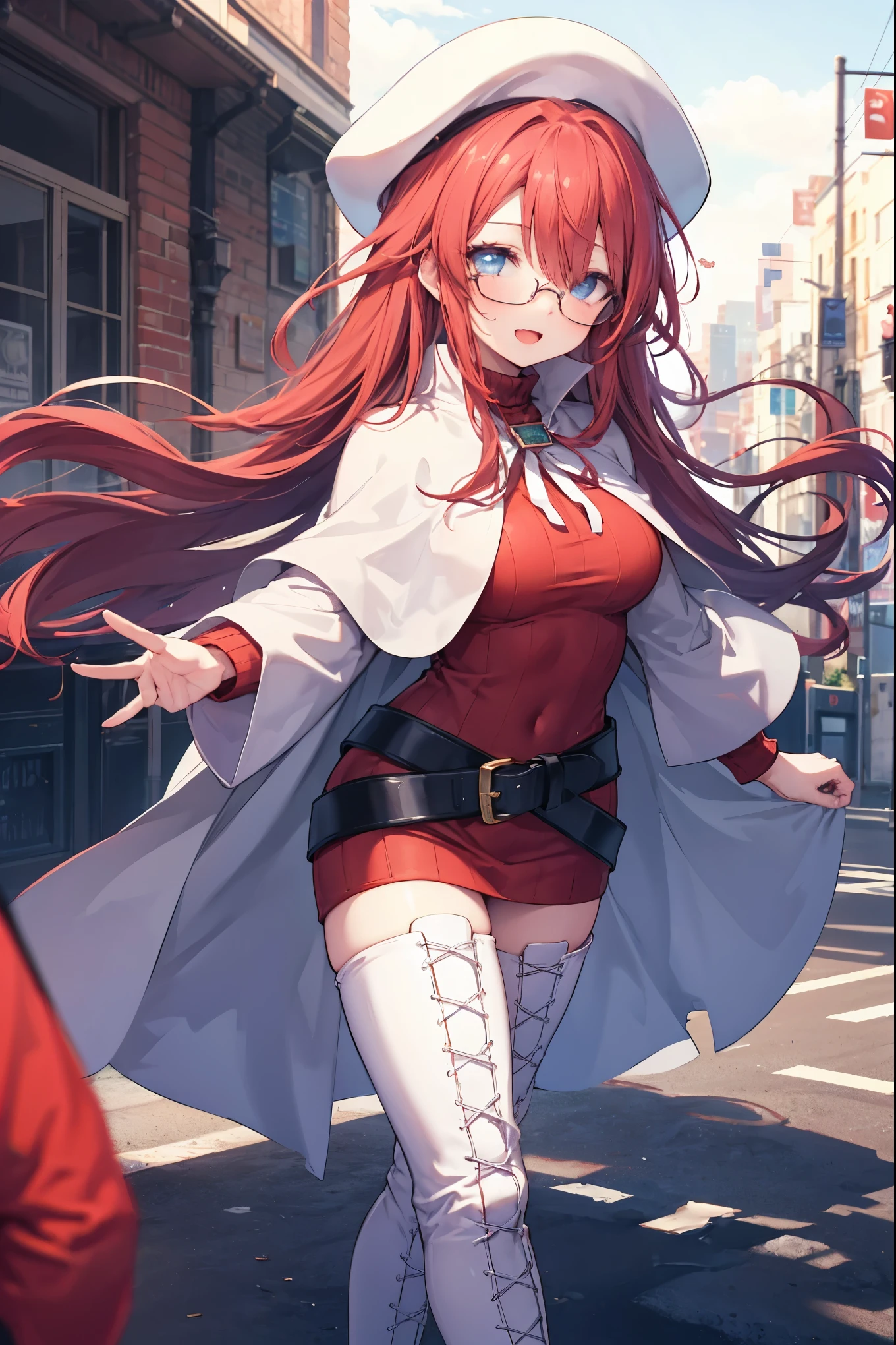 summonnightaty, aty, (young:1.3),long hair, blue eyes, red hair, large_beret, hat, glasses,
BREAK long hair, thighhighs, hat, dress, boots, glasses, belt, cape, sweater, zettai ryouiki, beret, thigh boots, white footwear, ribbed sweater, loose belt,solo,
BREAK outdoors, fantasy,on_cobblestone
,,Highquality_hads,perfect_fingers,
BREAK (masterpiece:1.2), best quality, high resolution, unity 8k wallpaper, (illustration:0.8), (beautiful detailed eyes:1.6), extremely detailed face, perfect lighting, extremely detailed CG, (perfect hands, perfect anatomy),covered_nipples,covered_navel ,(half_eyes:1.4),long_sword,armpit,sleepy,dynamic_fighting_pose,barrel,red_sweater,apart_legs,magical_effect,spread_legs, have_a_book,teacher,rise_knee,angry,open_mouth,rise_hand,