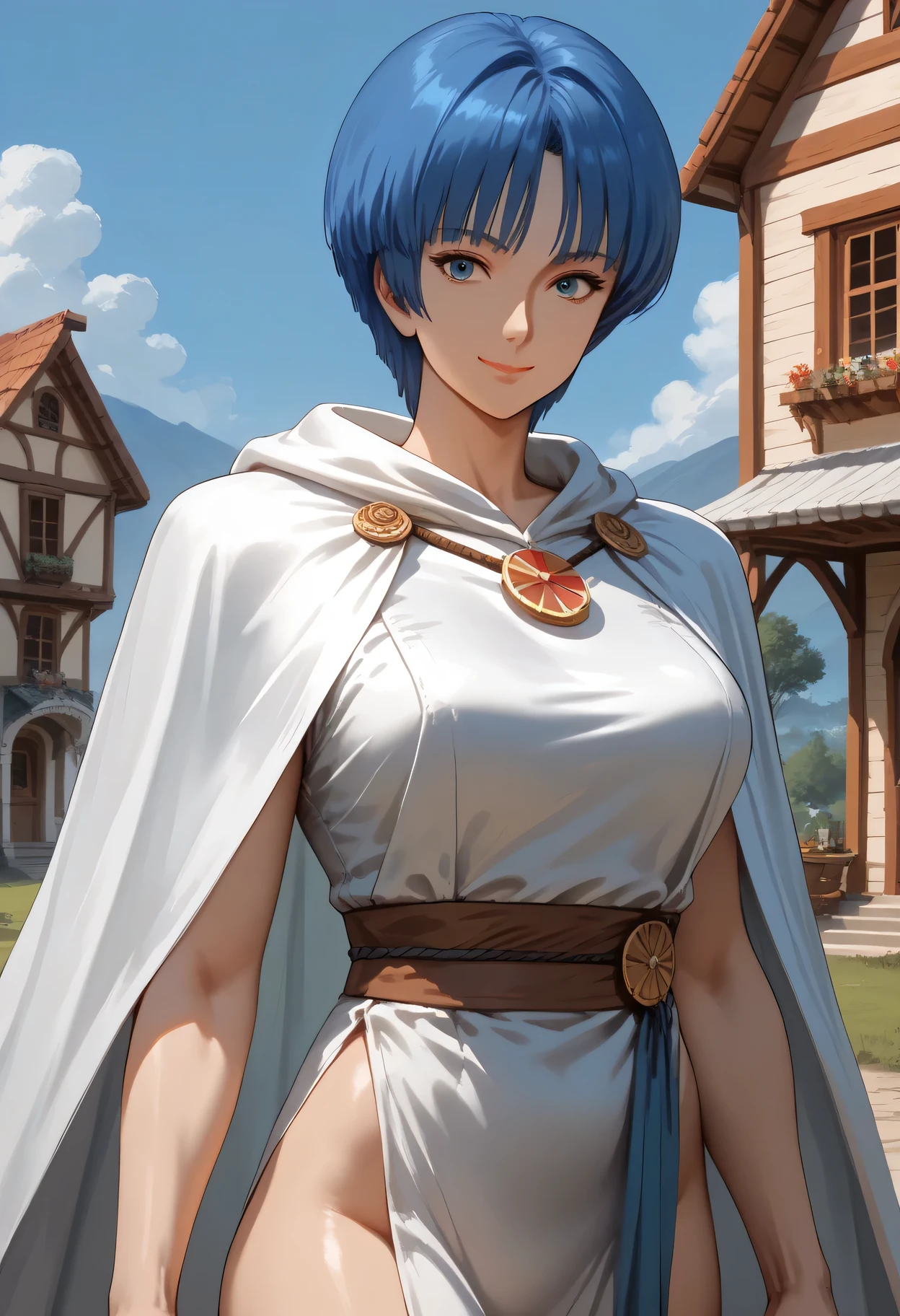 Smile ,with a girl face,((cowboy shot1.5)), ((cowboy shot:1.47)),closed mouth, Her hairstyle is medium bob,((Trim her bangs )),blue hair color, ((wolf cut:1,47)),(( midium length hair extended to shoulders:1.2)),((medium breasts)),curvy,inverted triangle face,Well-balanced limbs, slender body, long limbs,1mature,AOI YUME Masakazu Katsura drowning,((1mature:1.2 )), anime,Masakazu Katsura, AOI YUME、(looking at from the front), Look at the camera,(1mature) ,Sexy costume,Toned, muscular body,Battle Scenes,Action Scenes,Action pose,Equipped with a rapier on the waist,Royal coat of arms engraved on breastplate,White luxurious cloak, (((outdoor))),((( front of house:1.2))),sitting stone