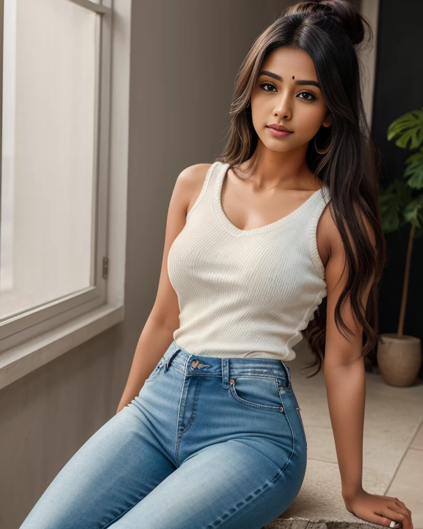Create an ultra-realistic image of a modern, attractive female influencer of Indian descent, aged between 27 to 30. She should have a warm and inviting smile, expressive almond-shaped eyes with a slight shimmer, and clear, glowing skin with a medium brown complexion. Her features should be well-defined, with high cheekbones and a sharp jawline. Her hair should be long, thick, and wavy, with a natural shine and bounce, styled in a deep, reddish-purple hue that’s bold yet sophisticated. She should have a slender yet athletic build with gigantic breasts (plump: 1.1) and an increased butt size, reflecting a healthy and active lifestyle. She is wearing a stylish yet professional outfit consisting of a fitted blouse in white, light blue, or burgundy, and high-waisted trousers in black, grey, or navy blue that complement her curves. Her outfit is completed with stylish black heeled sandals that add elegance to her look. She accessorizes with subtle yet chic jewelry, such as small hoop earrings and a few thin bangles. The background should be a vibrant, modern office space with sleek, professional environments featuring glass windows, minimalist furniture, and neutral tones, suggesting a cosmopolitan lifestyle. Her overall appearance should exude confidence, approachability, and sophistication, with a particular focus on her enlarged bust, capturing the essence of a contemporary Indian fashion influencer. She is laughing with both hands covering her cheeks, showing a delighted surprise.