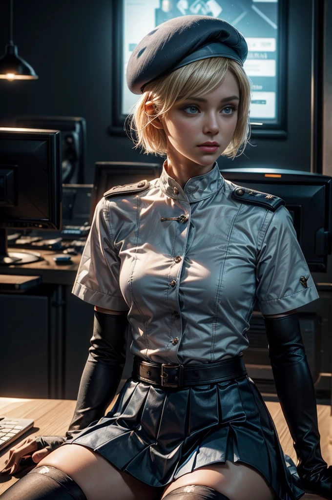 (hyper real)、超未来的なfemale soldier、Beautiful woman　High level image quality　High resolution　realistic　short hair　blonde、　blondeの女性、mature woman、middle-aged women、((big big tits)) ,,,,,,、Fine skin texture、超High resolution、realistic、Chubby body type、angry face、beauty of middle age、beautiful expression、skin texture without details、detailed green eyes、fluffy long hair、非常に繊細でFine skin texture、３５old army soldier woman、(blondeの)、(Huge computer room of the future)、female soldier、plunging neckline、red lips、(wears black combat uniform)、(one person)、