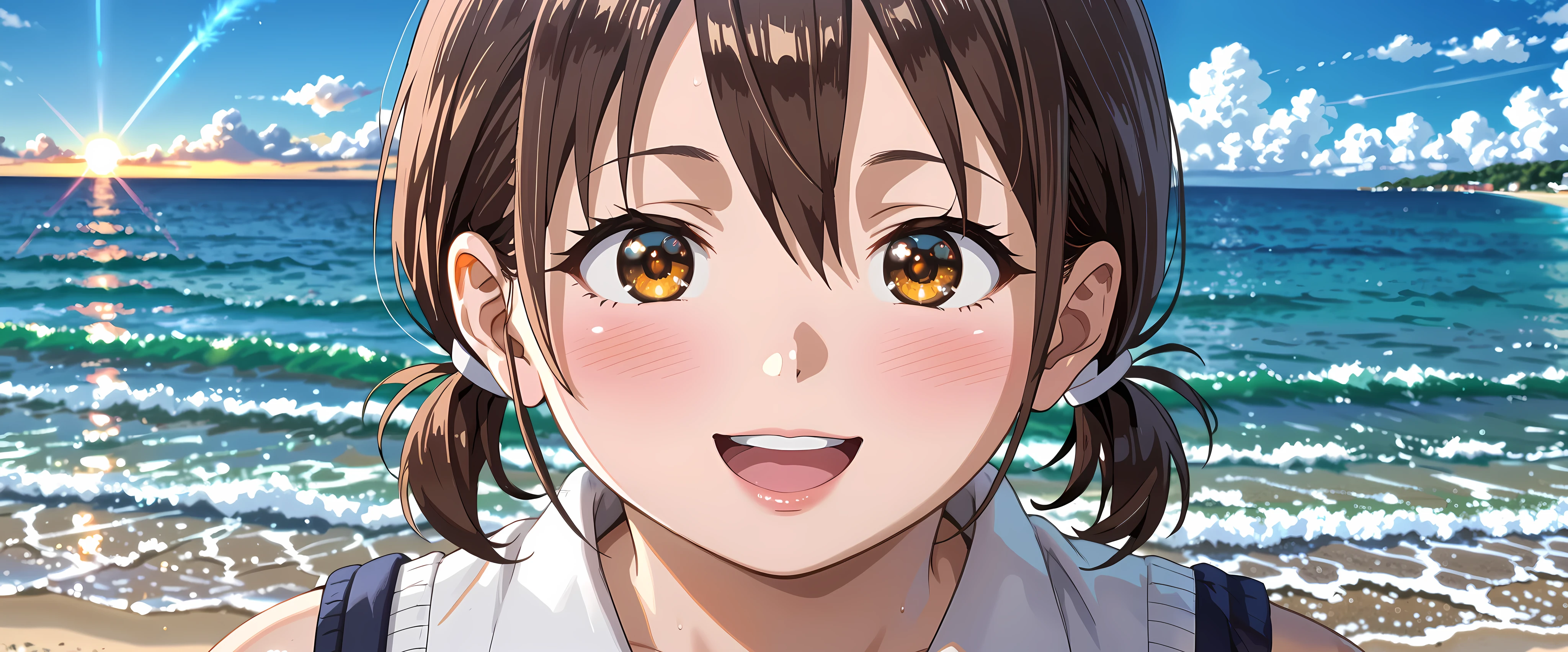 score_9, score_8_up, score_7_up, score_6_up, anime, anime style, source anime, 1girl, solo, blush, honoka hara, short hair, brown hair, hair between eyes, brown eyes, low twintails, short twintails, plump, {multicolored eyes, orange eyes}, serafuku, {thick arms, thick thighs, fat rolls, fat, huge tits, chubby body, plump}, contrapposto, from above, from behind, view back, looking at viewer, smiling, open mouth, embarrassed, school gate, outdoor, creverage, scenery, very aesthetic, starry sky, star \(sky\), sky, shore, ocean, night sky, night, beach, horizon, city lights, cloud, water, moon, crescent moon, waves, sunrise, twilight, light particles, walking on liquid, cloudy sky, sunset, (8K),(absurdres),(crisp quality),(rich contrast),(sharp focus),(best quality),(high resolution),(Looking delighted),(masterpiece),(detailed face),(illustration),(ultra detailed),(rich contrast),(a best quality illustration),(a masterpiece of a woman with ultra detailed features, in 8K resolution, with crisp quality and vibrant colors),(detailed eyes),(perfect eyes),(ultra detailed eyes),((nice hands)),((perfect hands)),((gleaming skin)),((shiny skin)),((best quality)),((high resolution)),((ultra-high resolution)),((masterpiece)),((ultra detailed)),((illustration)),((an extremely delicate and beautiful))((detailed face)),((perfect eyes)),((4k,8k,Ultra HD)),((Masterpiece :1.2)),((Best quality :1.2)),((Detailed :1.5)),((Detailed background :1.5)),