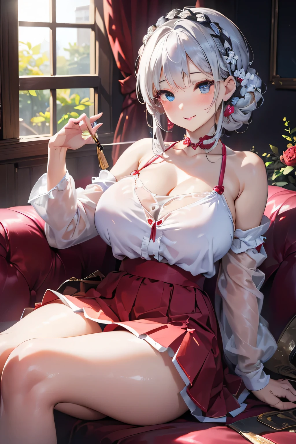 best quality, 32k, RAW photo, incredibly absurdres, extremely detailed, beautiful and cute lady, squat down with your legs wide apart, writhing in ecstasy, her face slightly raised and her lips half-open in an amorous and lewd expression, wearing orange and wine red cute corset ruffle long dress, large breasts, slender, perfect proportion, iridescent silver braided bangs and side hair