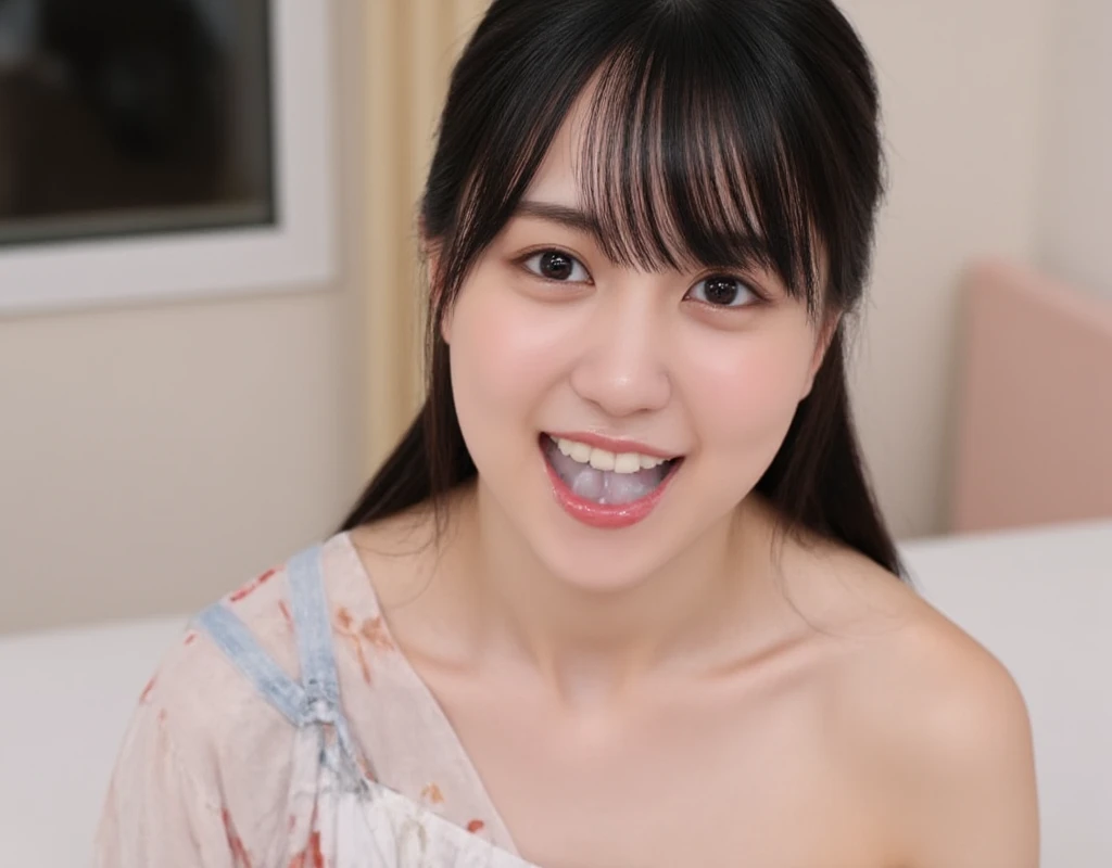 japanese gravure idol,cute-fine -face,adult,seductive smile,black hair,tareme,cum on face,bukkake on face,smile,wink,open mouth,look up to viewer,woman  kneeling on floor,from above,at toilet,(face focus:1.1),close up