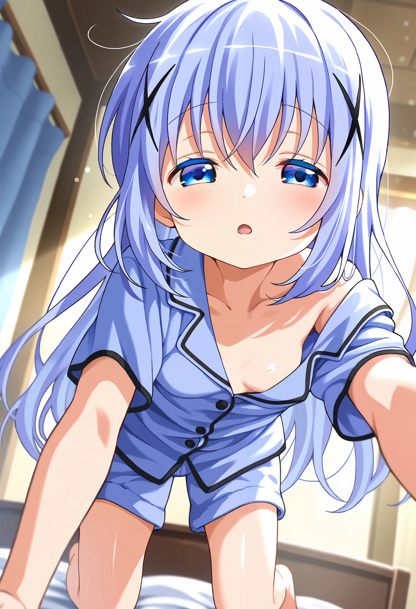 1girl, solo,Voyeur, from the viewer's perspective,Very cute, light blue hair,small breasts,, one woman ,kafuu chino, Original style, Very high quality, soft to the touch, beautiful,super detailed skin, high resolution, novel illustration, shiny skin,in gochuumon wa usagi desu ka? Style,dynamic pose, Woke up, sleepy, Blue pajamas ,Bett, Vulnerable, very sensual,