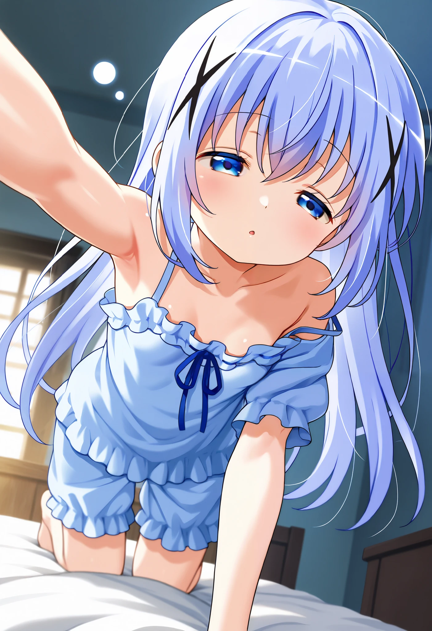 1girl, solo,Voyeur, from the viewer's perspective,Very cute, light blue hair,small breasts,, one woman ,kafuu chino, Original style, Very high quality, soft to the touch, beautiful,super detailed skin, high resolution, novel illustration, shiny skin,in gochuumon wa usagi desu ka? Style,dynamic pose, Woke up, sleepy, Blue pajamas ,Bett, Vulnerable, very sensual,