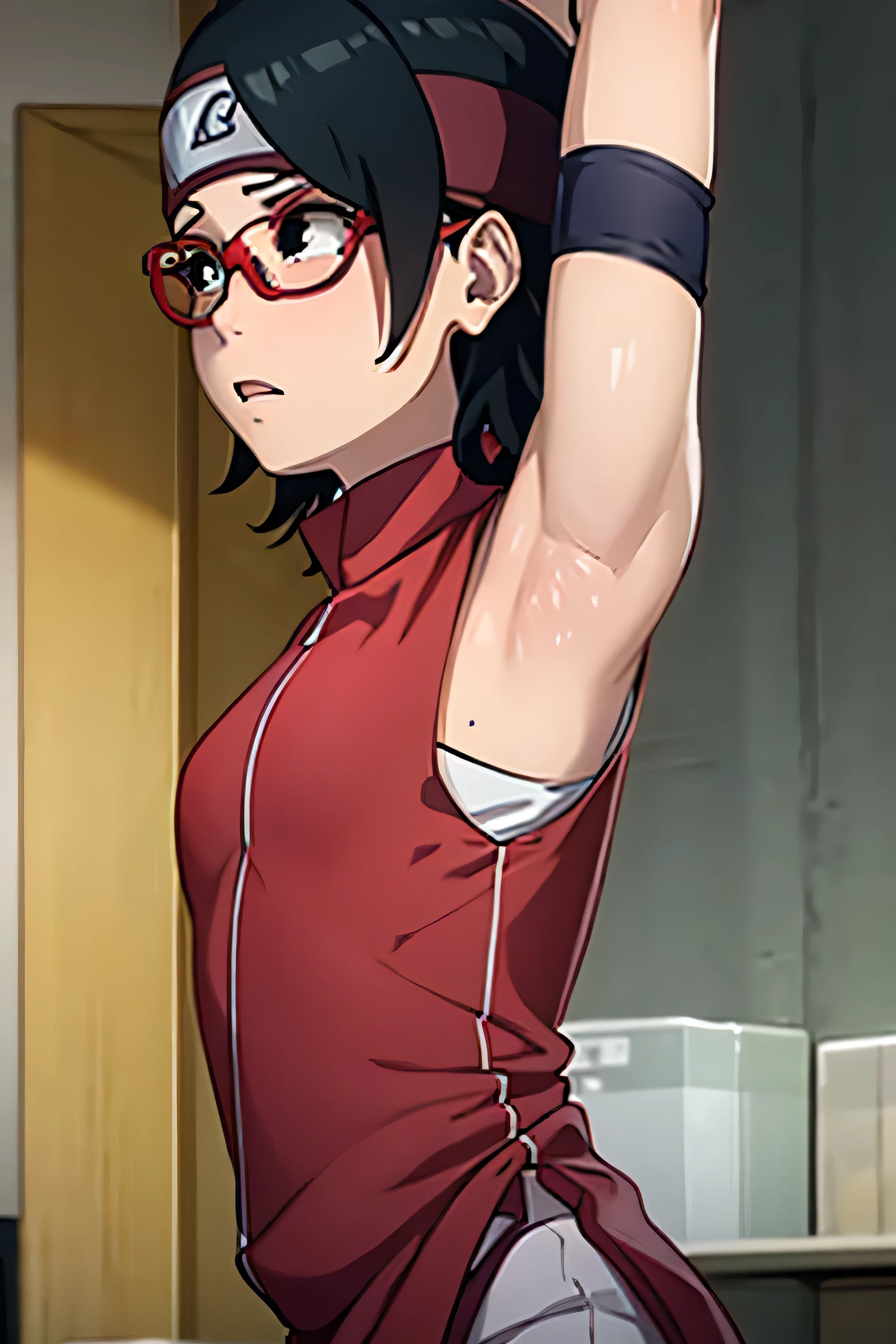 anime screencap, sarada uchiha, sarada, 1girl,solo, wavy black hair, wavy short hair, wavy hair, wavy hairstyle, black eyes,small breasts,armpits,wet armpits, showing wet armpits, armpit,armpits,sweat,sweaty,sweaty armpits,awesome armpits,tired,exhausted,arms up,red rimmed glasses,blackish arm warmers