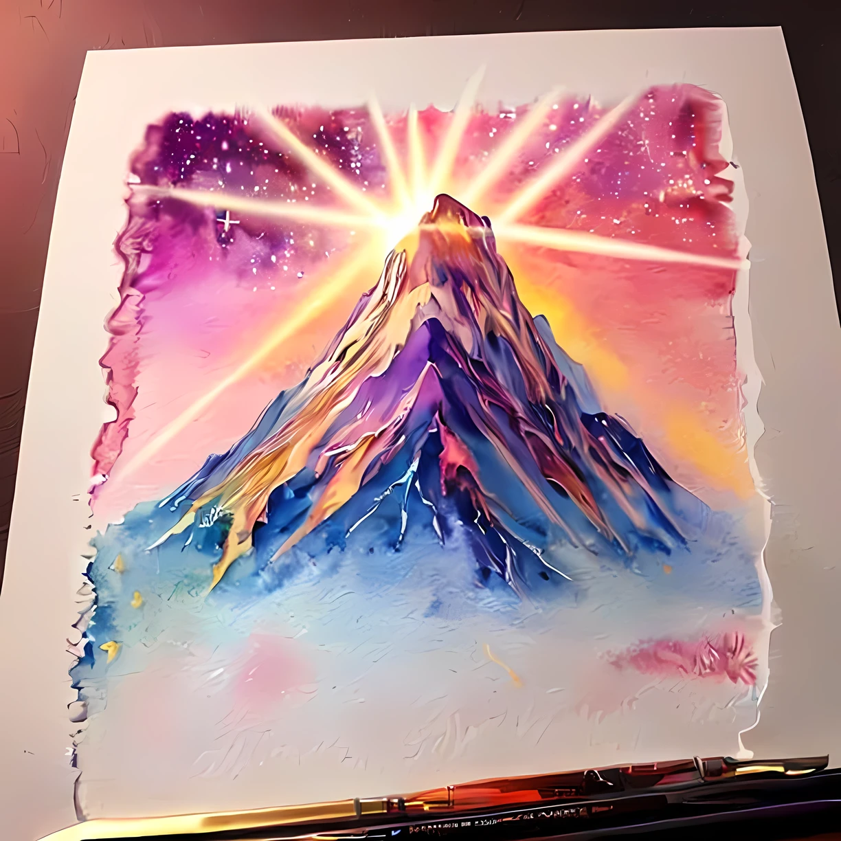 A surrealist watercolor painting of an extremely tall mountain during a sunset with golden rays with sparkles similar to colored glitter