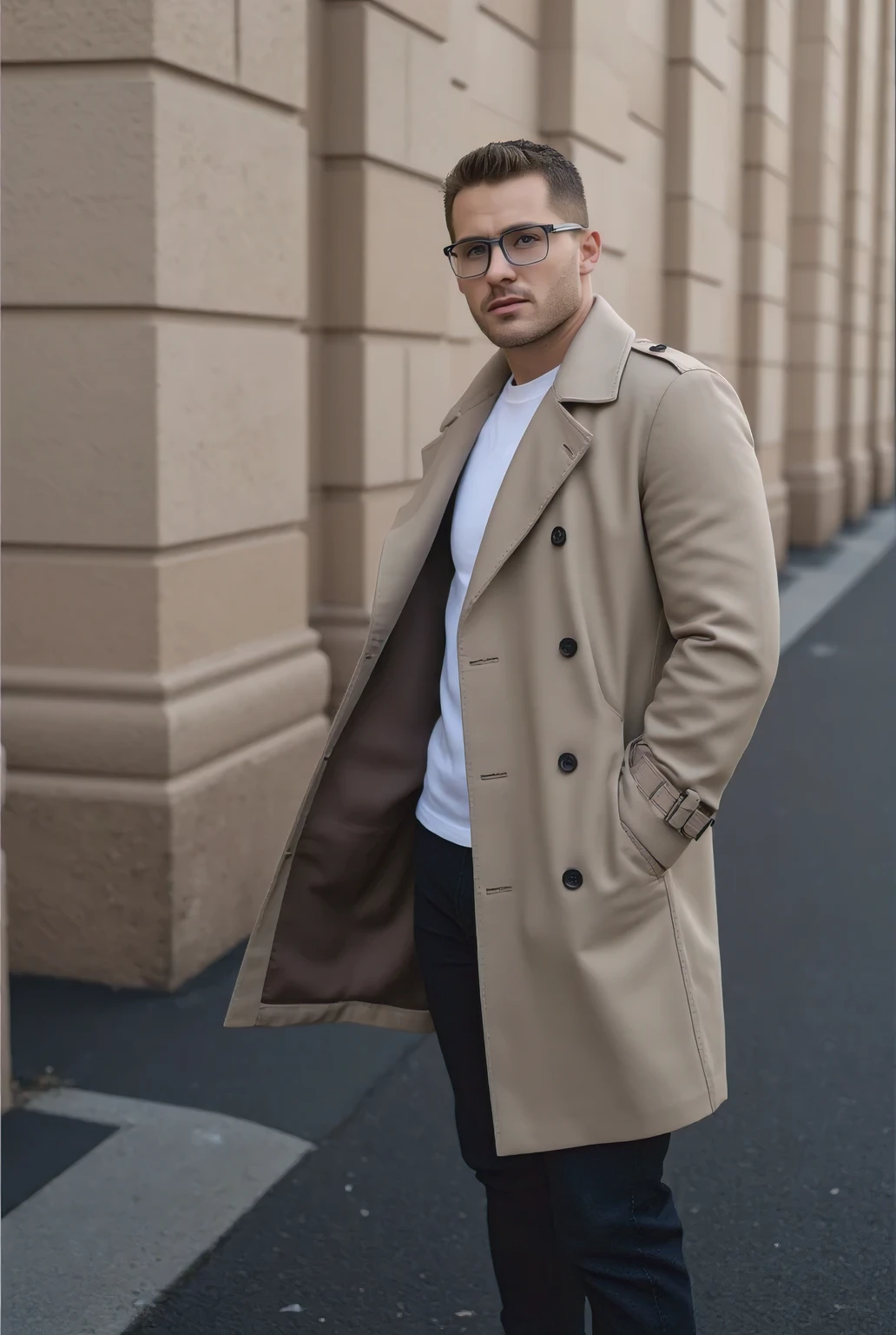 A close-up urban portrait of a man wearing clear-framed glasses, a beige trench coat, and a white t-shirt, balenciaga glasses