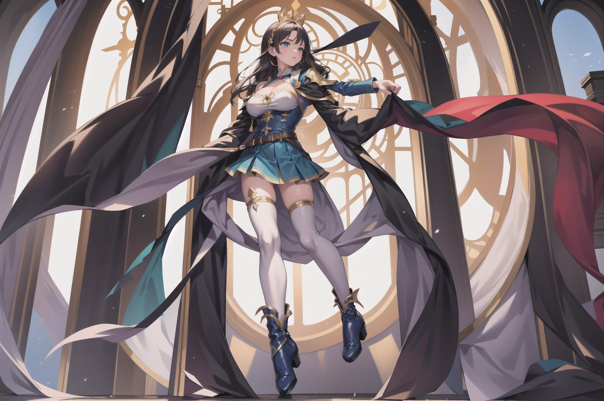 masterpiece, best quality, beautiful lighting, Hu Tao impact genshin, standing, full body, hat, corset, short skirt, cameltoe, medium, tight strap, knitted socks, navel visible through clothes, visible through clothes, arms behind back, arms up, tusks, crypt in the background high detail clothes --auto --s2