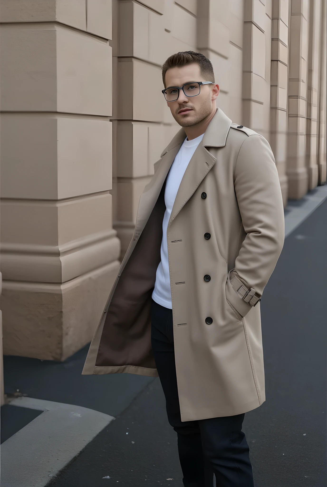 A close-up urban portrait of a man wearing clear-framed glasses, a beige trench coat, and a white t-shirt, balenciaga glasses