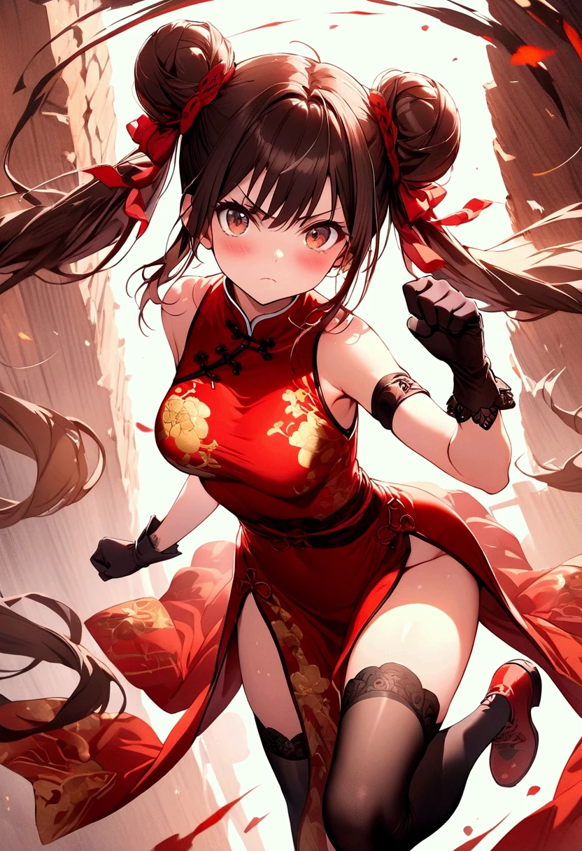 masterpiece, best quality, 1girl, solo, thighhighs, chinese-clothes, gloves, very-long-hair, dress, hair-bun, twintails, china-dress, red-dress, double-bun, black-thighhighs, brown-hair, brown-eyes, full-body, red-footwear, pelvic-curtain, looking-at-viewer, bandages, blush, standing, breasts, bangs, armlet, sleeveless, fighting-stance, sleeveless-dress, brown-gloves, bare-shoulders, v-shaped-eyebrows, bandaged-arm, side-slit, leg-up, medium-breasts, gradient-hair, boots, ankle-boots, floating-hair, closed-mouth, simple-background, hand-up, blunt-bangs, sash