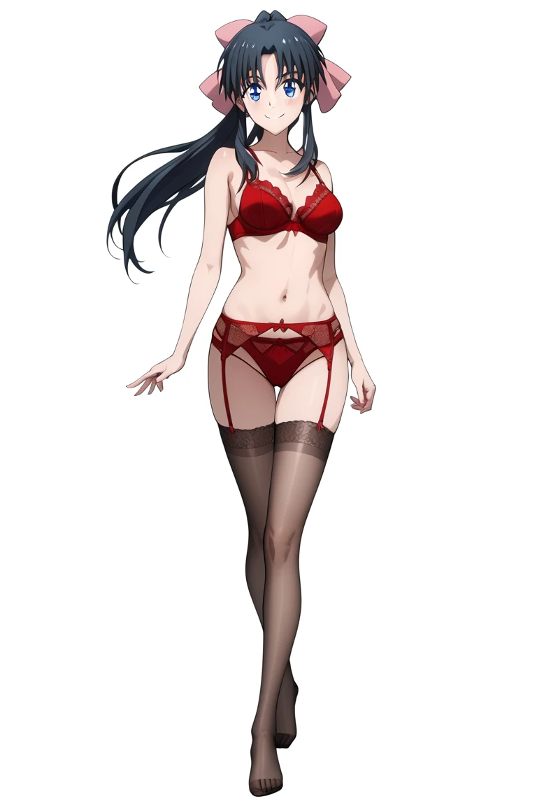 ((Best Quality)), ((Masterpiece)), ((Realistic)) 32 year old, Misato Katsuragi from Evangelion, long hair in ponytail, relaxed happy face ((slender)) (very busty), ((( red lingerie ))) ((sexy ))(((detailed character sheet, frontal view, side view, three quarter view))) (((white background))) 6 and a half heads full body