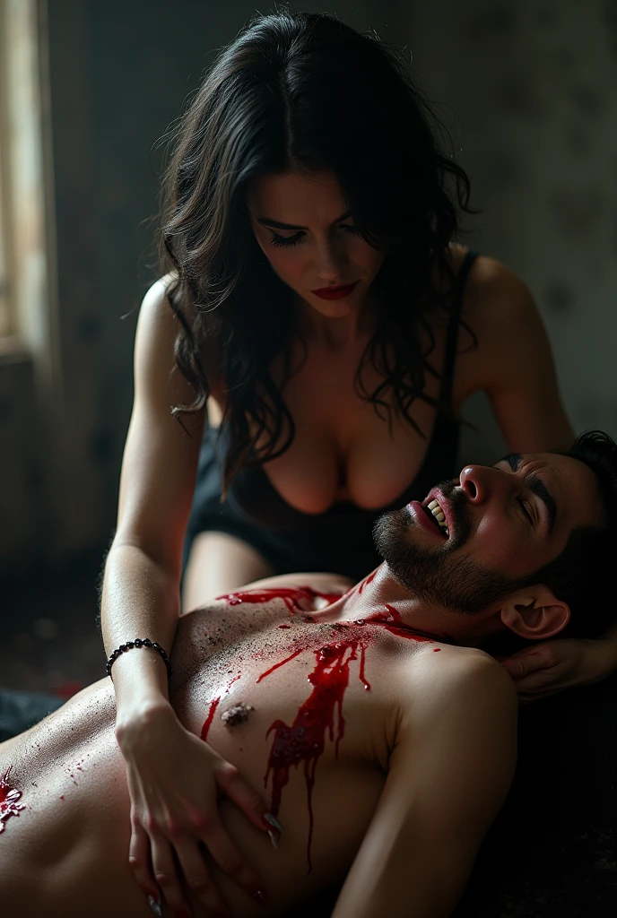 Man lying on the ground with blood and a woman dressed as a sexy bunny standing in front of him laughing