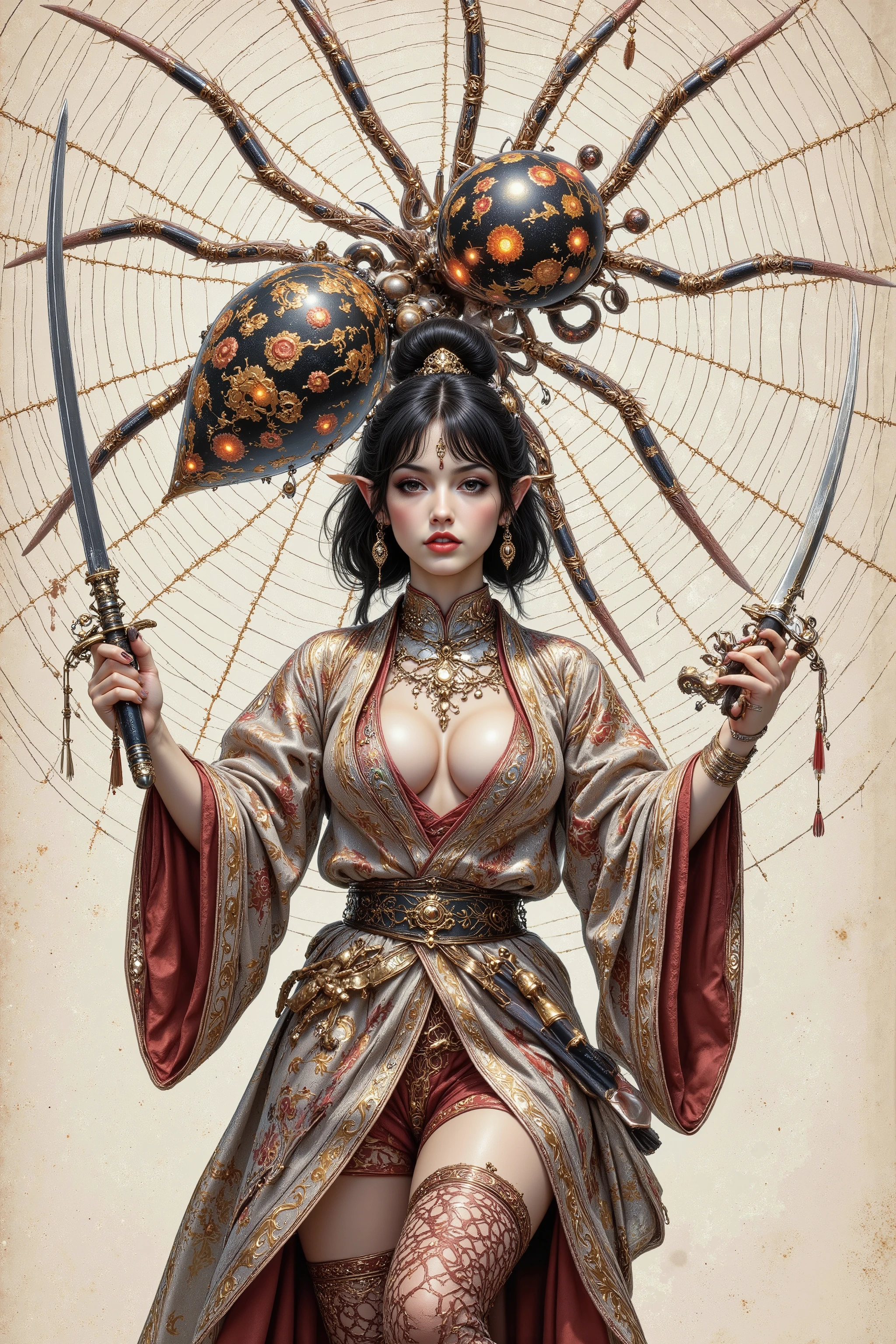 (Ultra-detailed face, Looking away, Fantasy Illustration with Gothic, Dark tone colors.), BREAK (A medieval Japanese female swordsman stands low and slightly twisted, holding the hilt of a drawn Japanese sword in both hands and glaring at you from a shoulder stance. Behind the female swordsman is a spider with a black and yellow striped body, with thin legs the size of a horse, in the center of a shiny white spider web. The spider has eight glowing red eyes and bares fangs dripping with green venom as it roars.), BREAK (A medieval Japanese female swordsman wears her hair in a bun with a silver hair ornament. She wears a traditional medieval Japanese linen mizuhoshi, a baskets and leg bands with red trim. She wears deerskin boots dyed red and black. On his waistband is the sheath of a sword, and on his back he carries a quiver of arrows and a bow the size of a man's back.), BREAK (She has glossy jet-black hair and eyebrows, blunt bangs, waist-length well-groomed hair bunched at the back of her neck, small pink lips, light skin tone, light brown eyes, and a young-aged medieval Japanese female swordswoman with thick, dark eyeliner around her eyes.), BREAK (This is the late-night capital of Kyoto in medieval Japan, a city of disturbed security where yokai, ghosts, bandits, and pirates abound. This picture scroll depicts a female swordsman who is ordered to defeat a specter.)