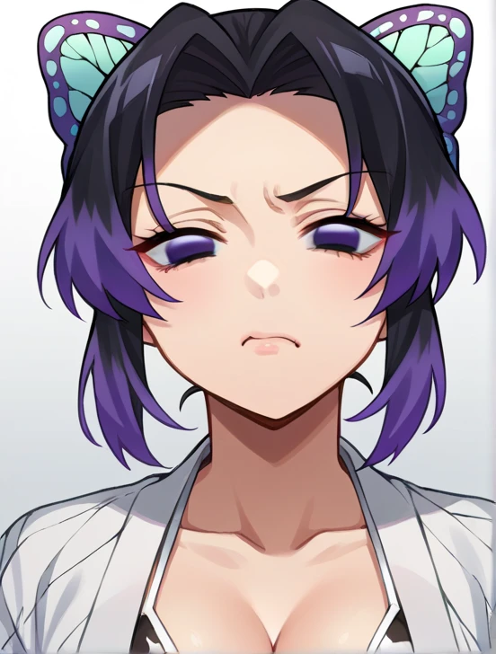 score_9, score_8_above, score_7_above, source_anime,
ShinobuKochou, Shinobu Kochou, animal print, black hair, borboleta, borboleta hair ornament, butterfly print, detailed, gradient hair, hair ornament, HAORI, multicolored hair, split fringe , purple hair , short hair, two-tone hair,micro bikini, large breasts , grumpy face, close your mouth, breasts focus