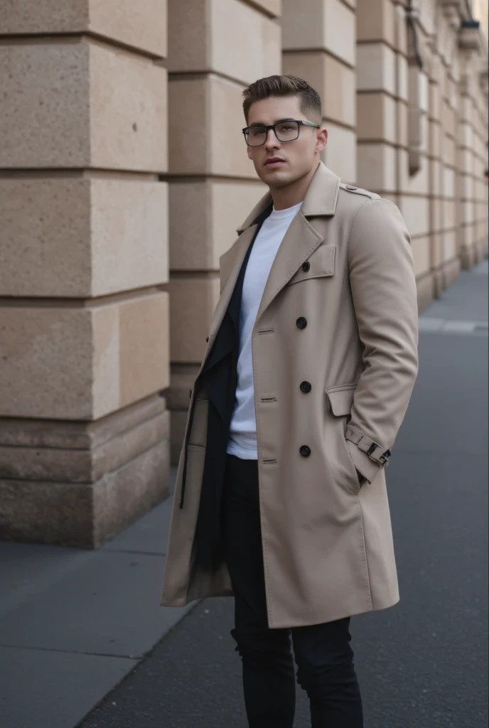 A close-up urban portrait of a man wearing clear-framed glasses, a beige trench coat, and a white t-shirt, balenciaga glasses