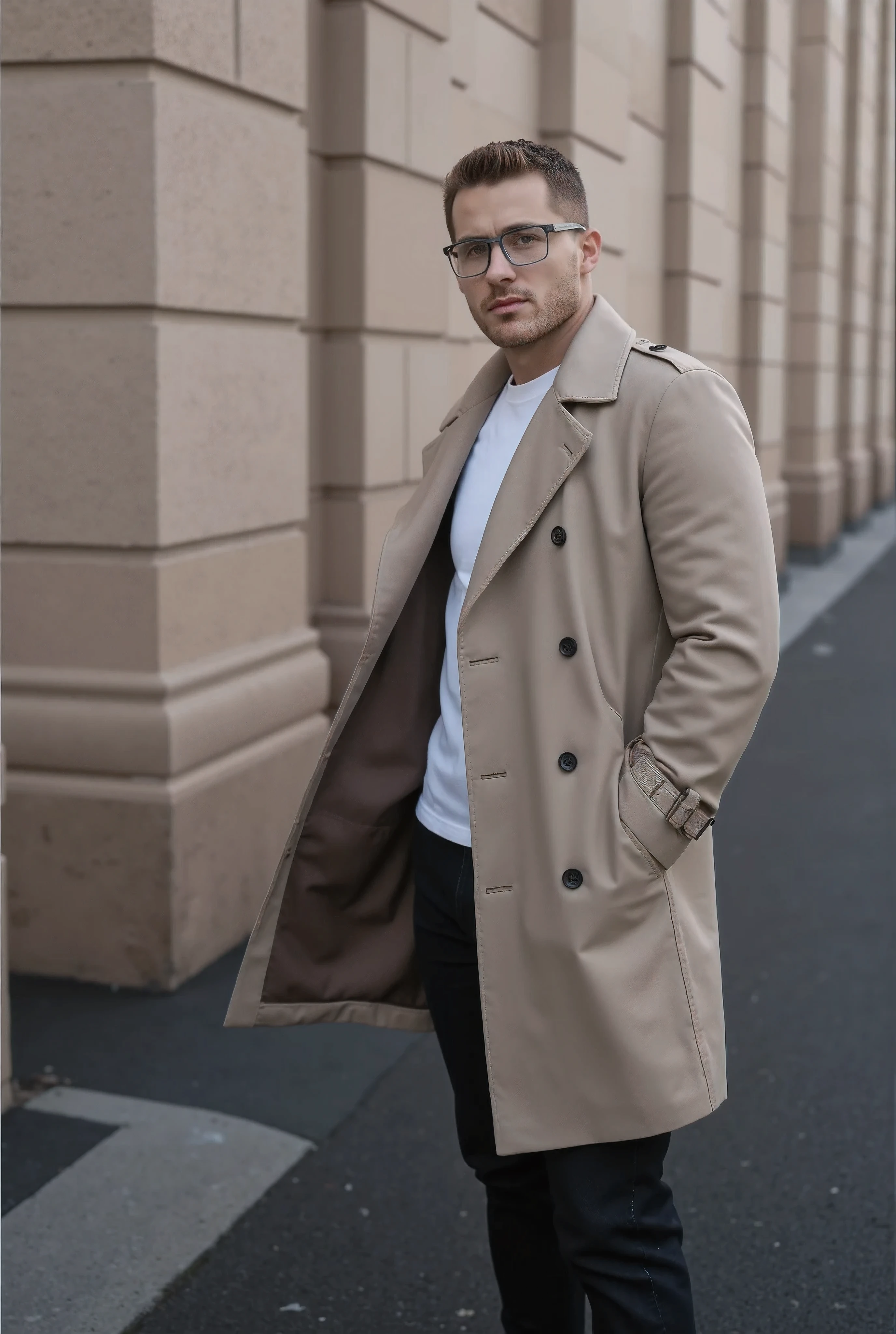 A close-up urban portrait of a man wearing clear-framed glasses, a beige trench coat, and a white t-shirt, balenciaga glasses
