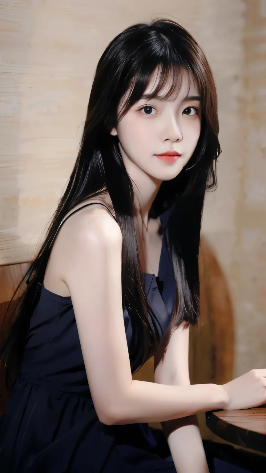 ((Masterpiece, RAW Photo, high quality, super detailed)), 1 girl, charming, photography, (upper body), Practical, best quality, Delicate face,Delicate face,Perfect face, Gentle and obedient personality, shiny skin, (realistic, photo-realistic:1.3), casual outfit, (long hair, have two bangs), sit on the modern cafe