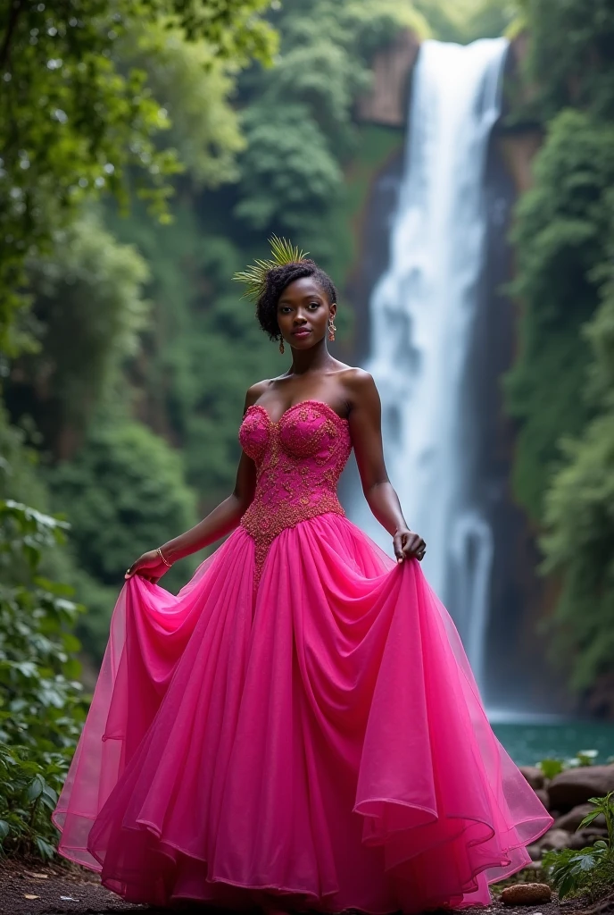 Black orisha warrior with curly hair holding a curved sword in her hand, wearing a hot pink dress in a creek in the woods