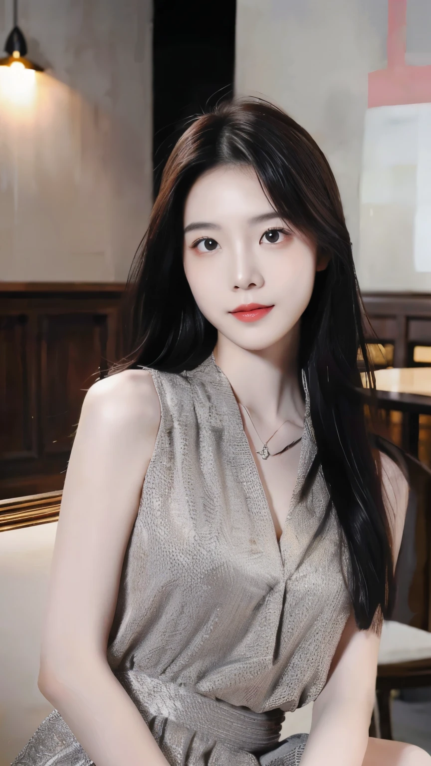 ((Masterpiece, RAW Photo, high quality, super detailed)), 1 girl, charming, photography, (upper body), Practical, best quality, Delicate face,Delicate face,Perfect face, Gentle and obedient personality, shiny skin, (realistic, photo-realistic:1.3), casual outfit, sit on the modern cafe